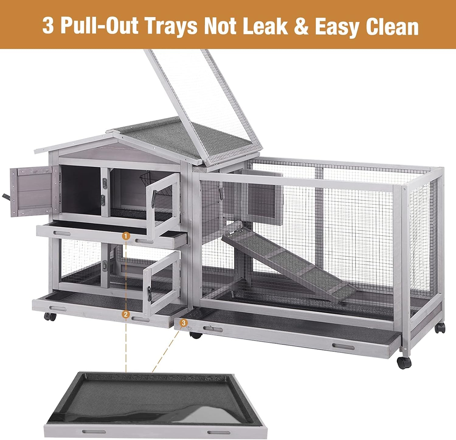Bunny Cage Indoor and Outdoor Rabbit Hutch with Casters Waterproof Roof, Pull Out Tray from Back and Front