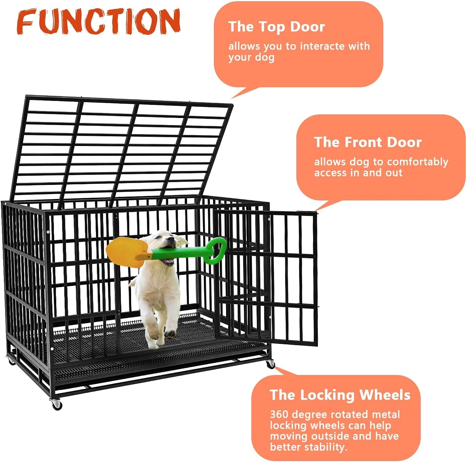48/38 Inch Heavy Duty Indestructible Dog Crate, Escape Proof Dog Cage Kennel with Lockable Wheels,High Anxiety Double Door,Extra Large Crate Indoor for Large Dog with Removable Tray