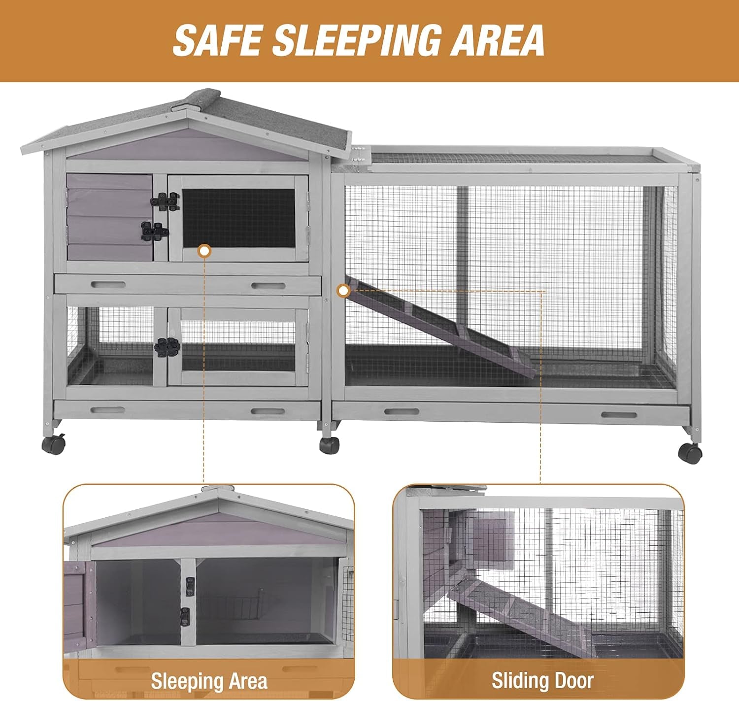 Bunny Cage Indoor and Outdoor Rabbit Hutch with Casters Waterproof Roof, Pull Out Tray from Back and Front