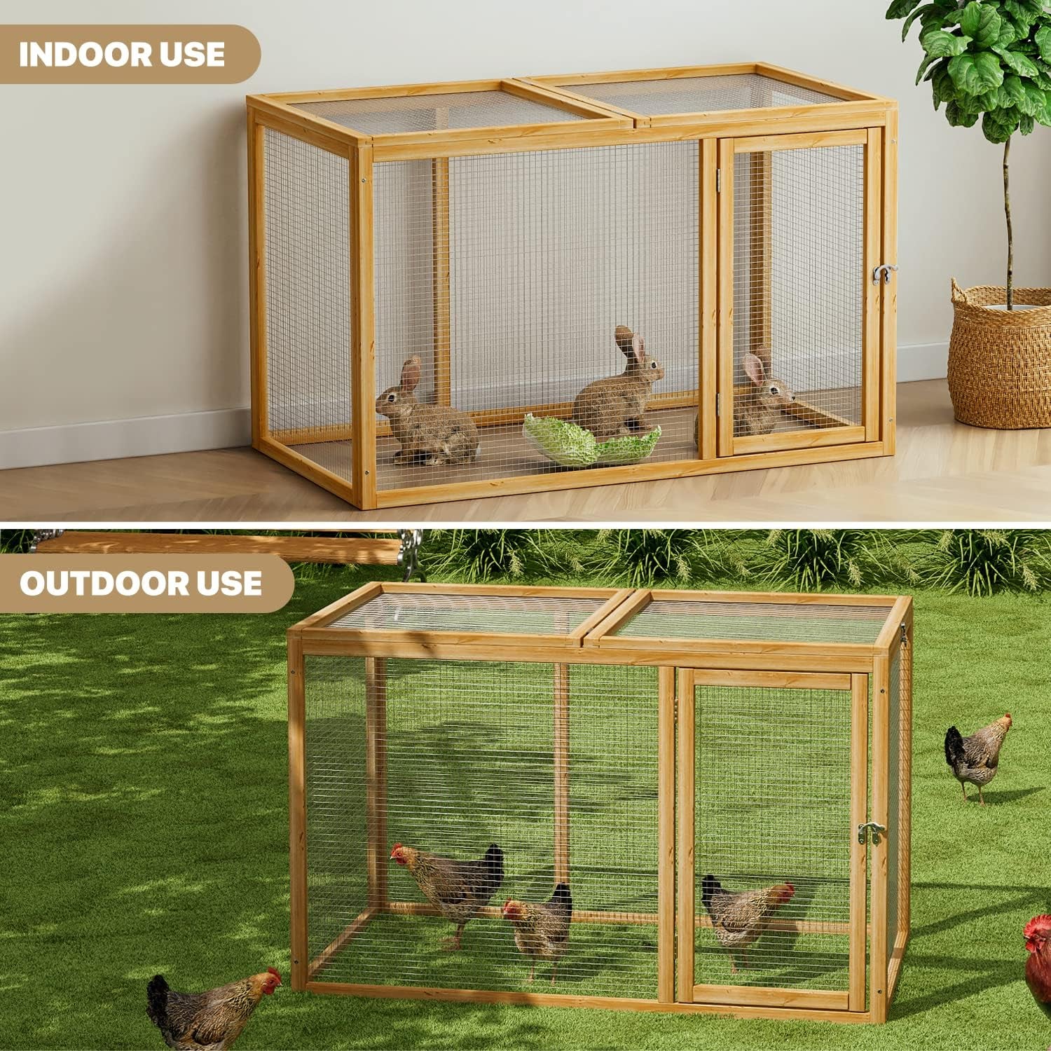 Chicken Run for Yard Wood Chicken Cage Rabbit Hutch Bunny Pen with Openable Roof and Side Door, Outdoor Lockable Duck Coop Small Animal Habitat Enclosure Hen Coop Add-Ons, 45 X 24 X 28 Inch