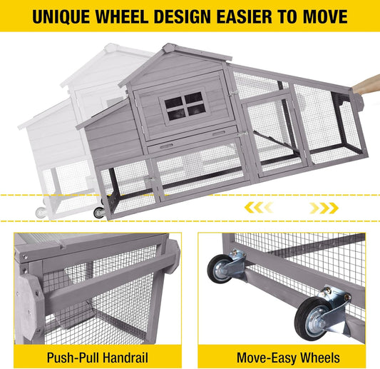 Chicken Coop Mobile Hen Coop, Large Poultry Cage with Wheels Outdoor Backyard Chicken House