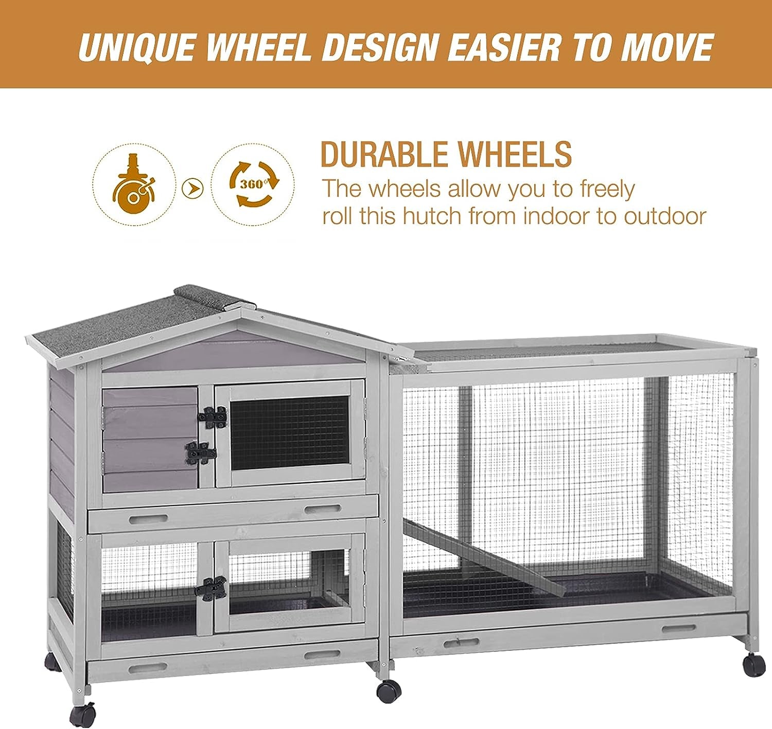 Bunny Cage Indoor and Outdoor Rabbit Hutch with Casters Waterproof Roof, Pull Out Tray from Back and Front