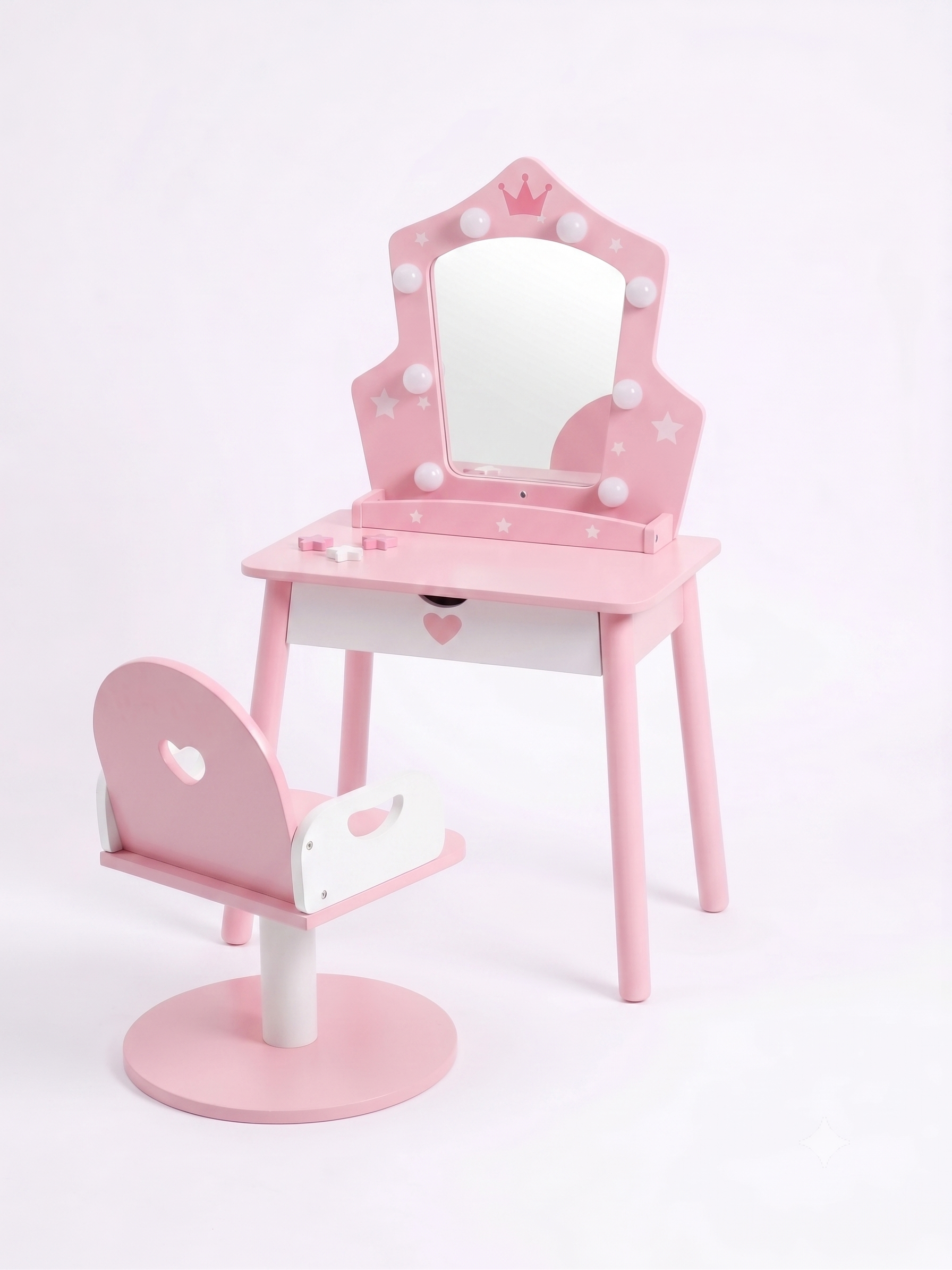 Xilingol Kids Vanity Set with Light and Barber Chair, Snowflake Design Wooden Makeup Dressing Table with Storage Shelf and Hair Salon Play Set 7 pcs Accessories, Pretend Play Vanity Set for Toddler Girls, Pink