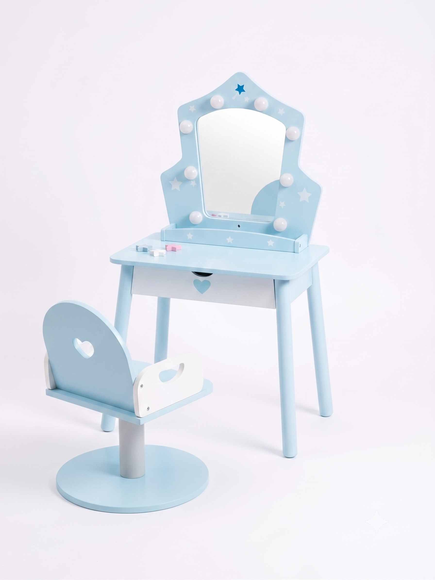 Xilingol Kids Vanity Set with Light and Barber Chair, Snowflake Design Wooden Makeup Dressing Table with Storage Shelf and Hair Salon Play Set 7 pcs Accessories, Pretend Play Vanity Set for Toddler Girls, Blue