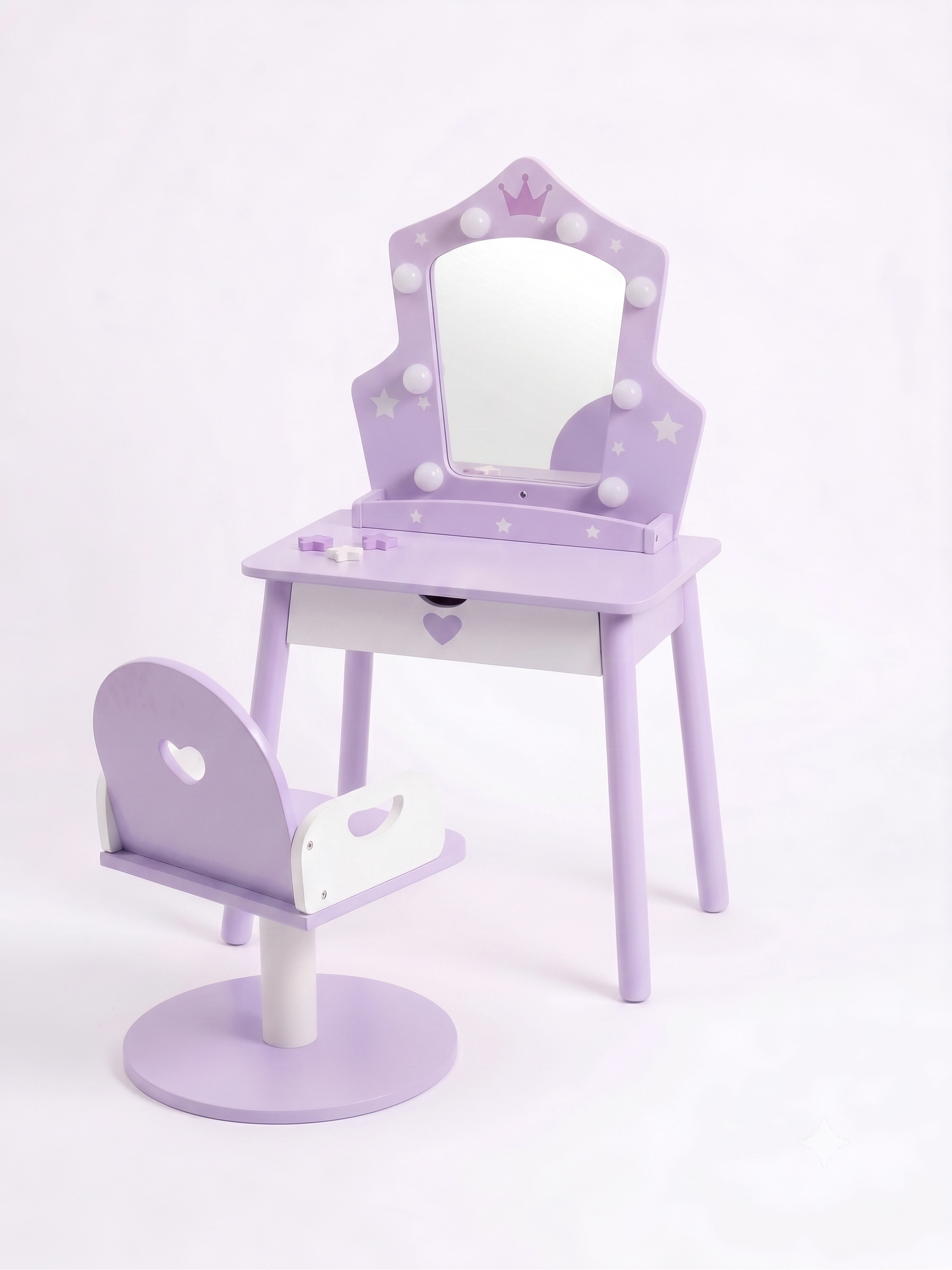 Xilingol Kids Vanity Set with Light and Barber Chair, Snowflake Design Wooden Makeup Dressing Table with Storage Shelf and Hair Salon Play Set 7 pcs Accessories, Pretend Play Vanity Set for Toddler Girls, Purple