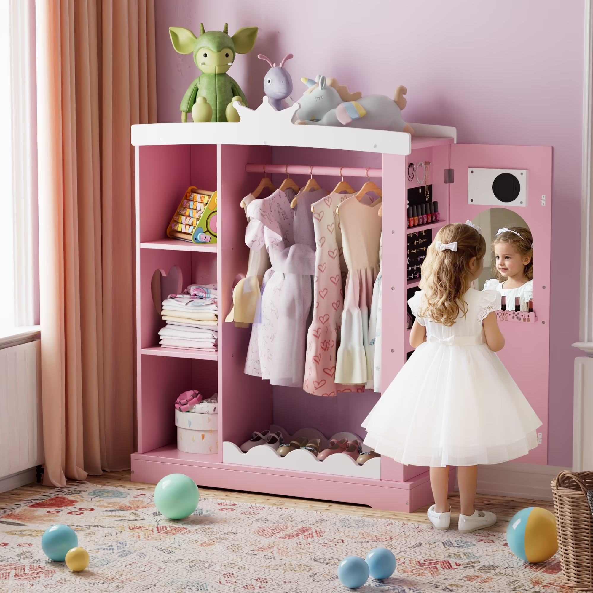 Tolead Kids Dress-Up Closet with Mirror & Jewelry Storage, Toddler Costume Organizer with Hanging Rod & Shelves, Pink Wardrobe for Girls’ Bedroom