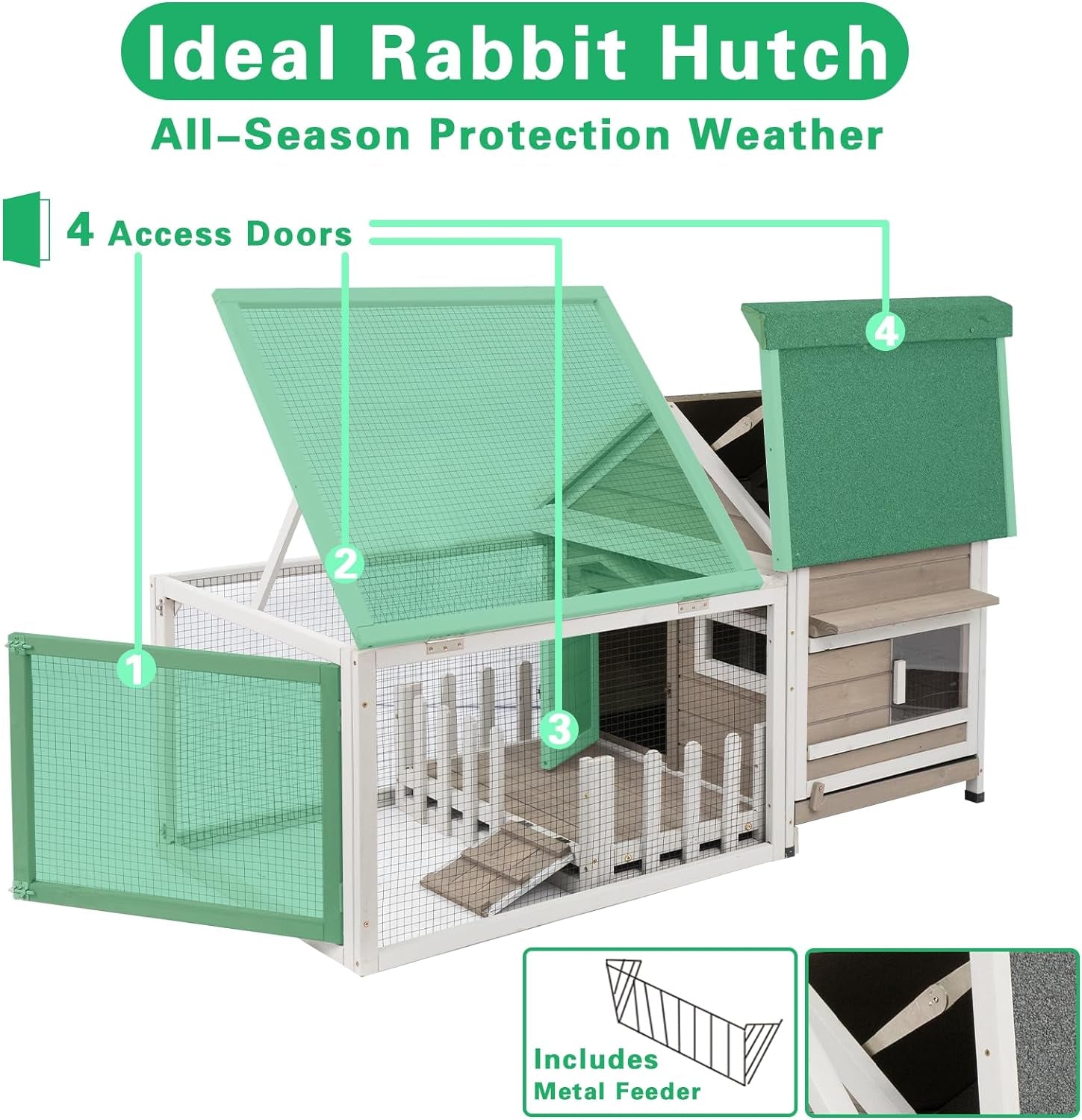 Outdoor Large Wooden Rabbit Hutch with White Picket Fence Front Porch Rabbit Cage with Run Indoor Bunny Hutch Guinea Pig Pet House Bunny Cage with Ramp, Pull Out Tray, Openable Asphalt Roof