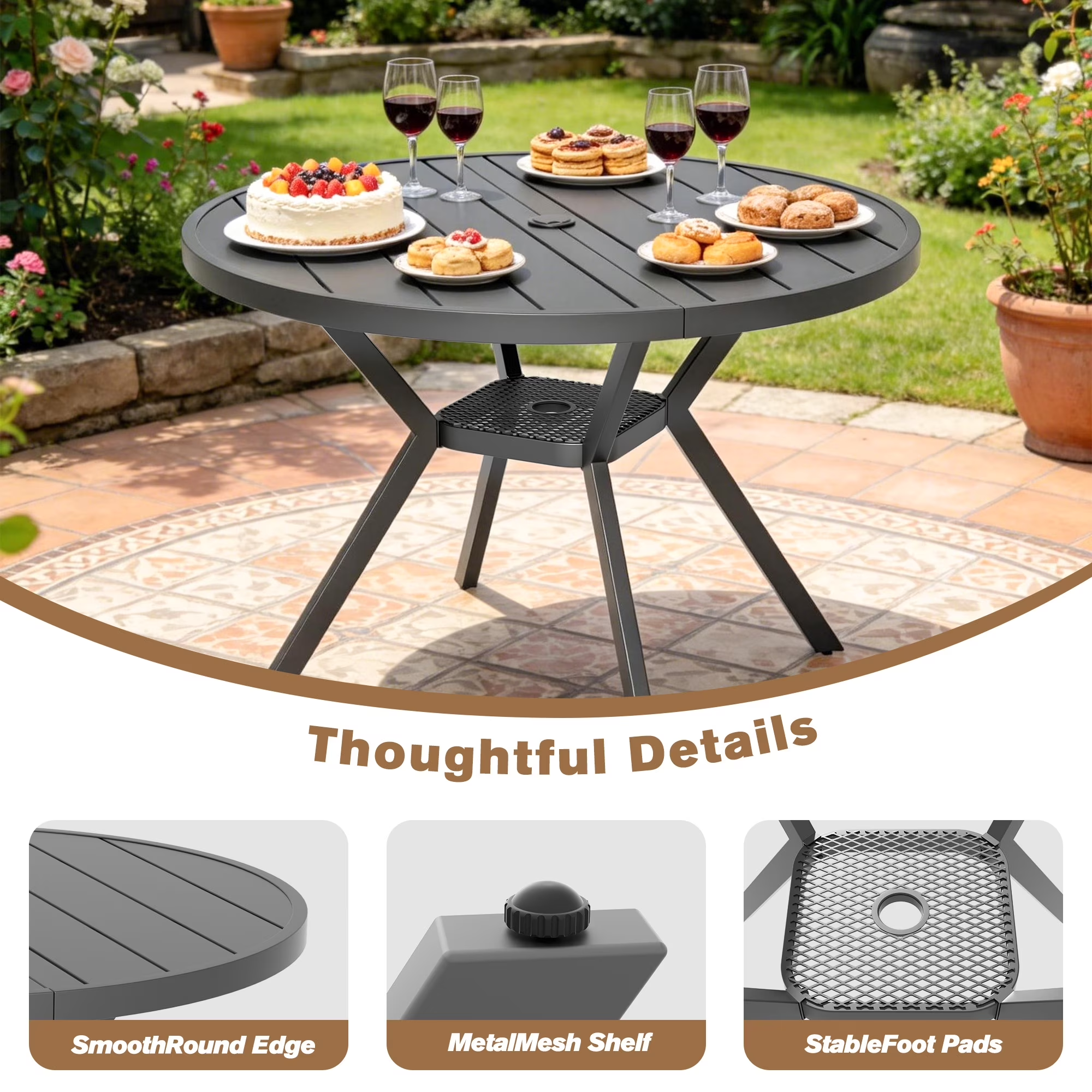 Zidtia 5 Piece Patio Dining Set for 4, 42” Round Metal Table with Umbrella Hole & 4 Swivel Chairs, All Weather Outdoor Patio Furniture Set