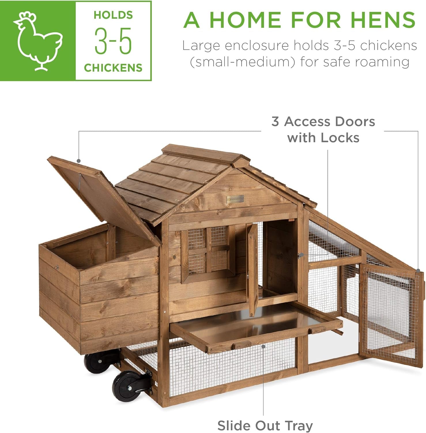 71In Mobile Fir Wood Chicken Coop Hen House Poultry Cage for 3-5 Hens, Outdoor, Animal Care W/Wheels, 2 Doors, Nest Box, Removable Tray, UV Panel