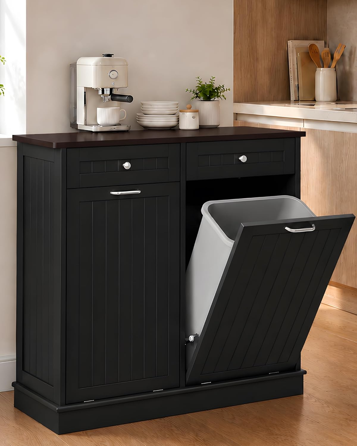 Betterhood 2 x 13 Gallon Tilt Out Trash Cabinet with 2Large Drawers, Solid Wood Garbage Can Cabinet,Mid-Century Modern Recycling Cabinet & Laundry Sorterfor Kitchen, Dining Room, Black