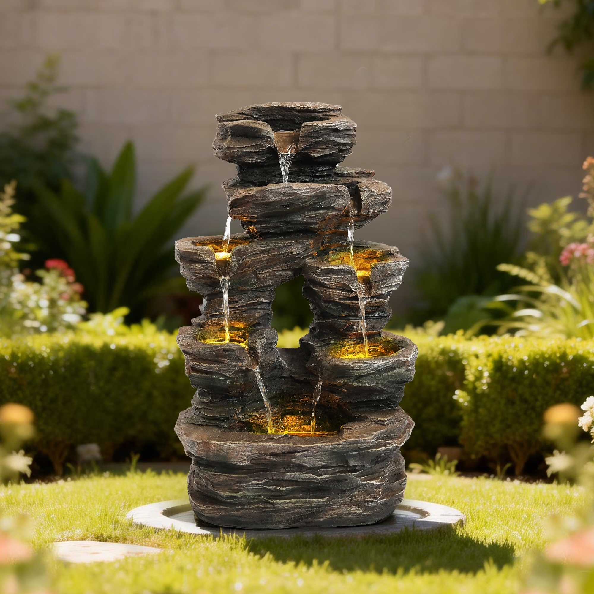 7-Tier Cascading Rock Water Fountain, Outdoor Water Fountain with LED Light, Adjustable Flow & Electric Pump, Outdoor Garden Waterfall for Patio, Yard, Balcony or Home Decor (Gray)