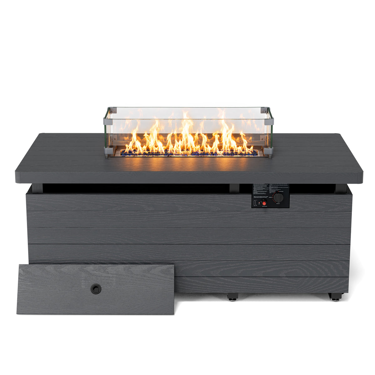 Betterhood Outdoor Propane Fire Pit Table, 50000 BTU Rectangular Propane Fire Table with Glass Wind Guard, Sliding Tank Holder, Removable Lid, CSA Certified, Gray