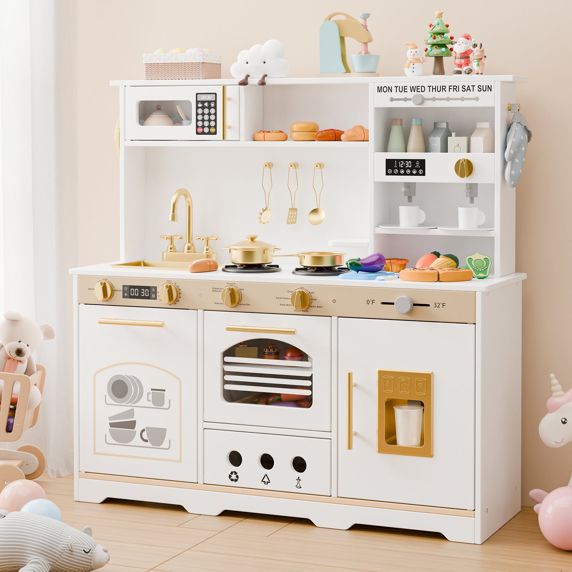 Play Kitchen for Toddlers, Kids Kitchen Playset, Wooden Kitchen Set for Kids with Toy Food and Cookware Accessories, Gift for Ages 3+ Girls Boys. Christmas Green