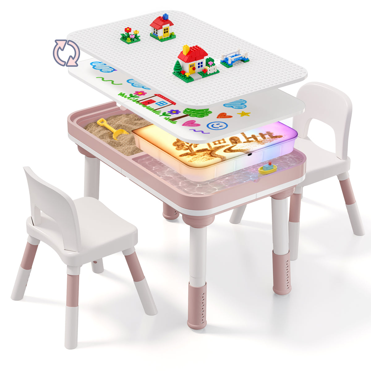 Xilingol 5-in-1 Kids Table and Chairs Set, Sand Painting Box for Toddlers