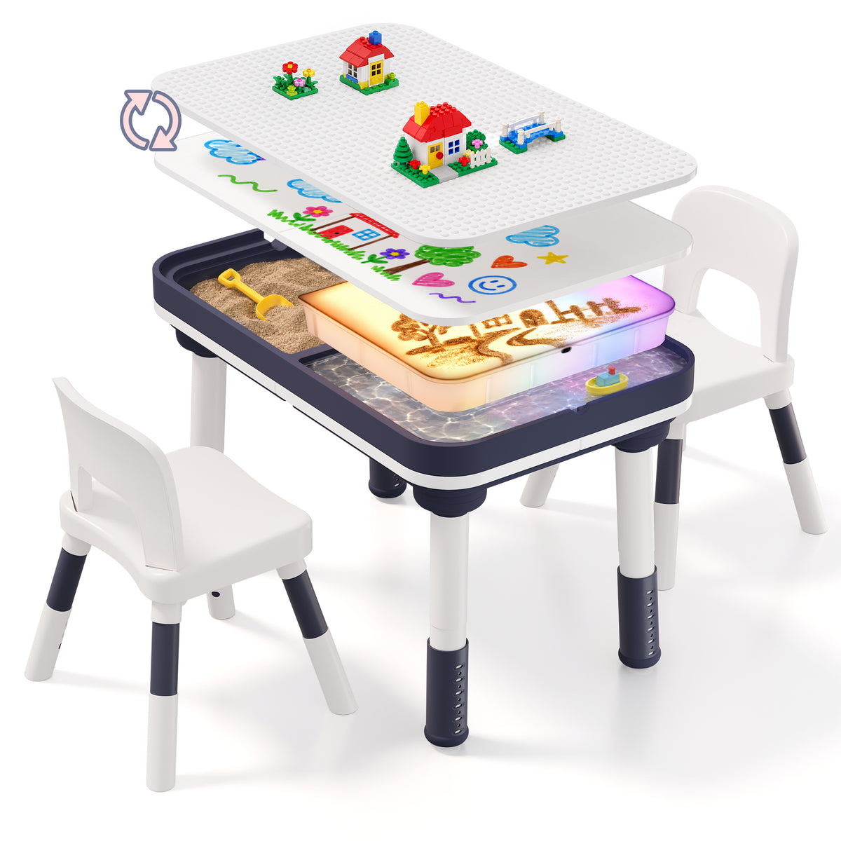 Xilingol 5-in-1 Kids Table and Chairs Set, Sand Painting Box for Toddlers