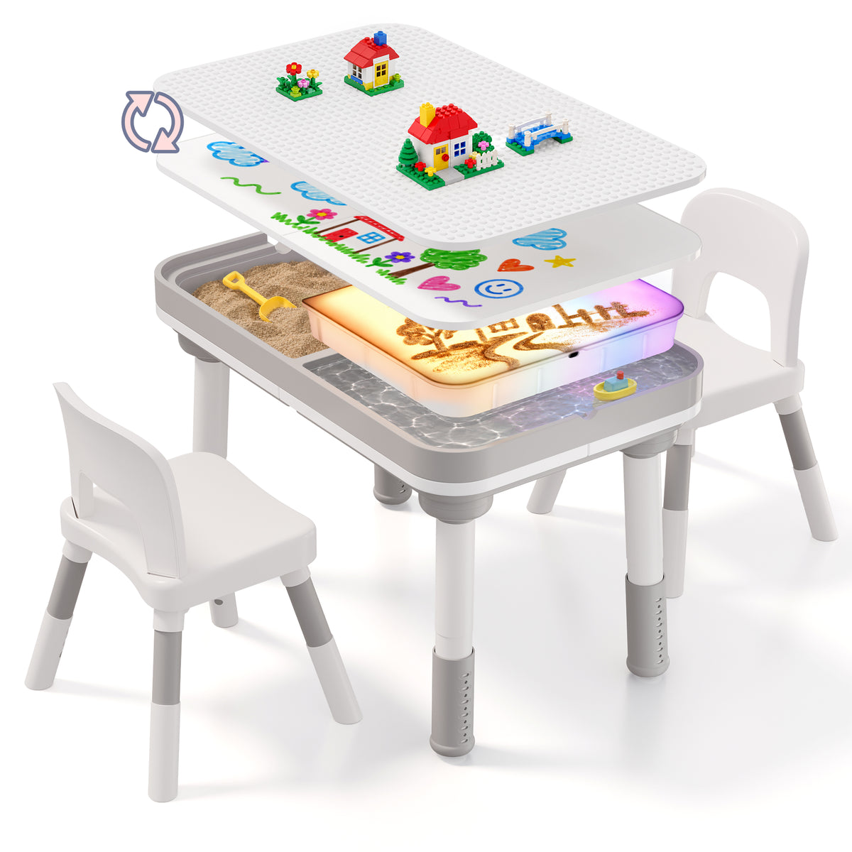 Xilingol 5-in-1 Kids Table and Chairs Set, Sand Painting Box for Toddlers