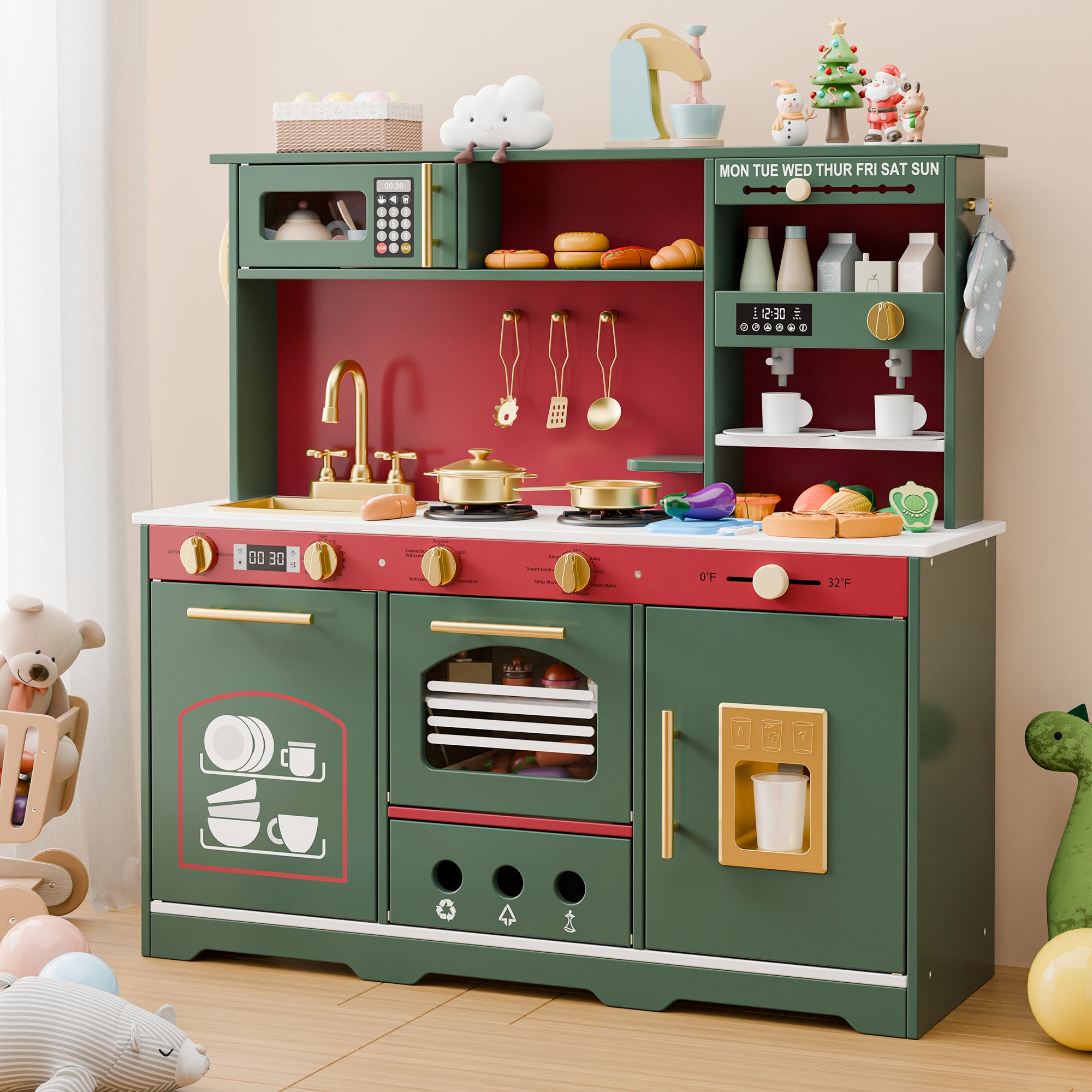 Play Kitchen for Toddlers, Kids Kitchen Playset, Wooden Kitchen Set for Kids with Toy Food and Cookware Accessories, Gift for Ages 3+ Girls Boys. Christmas Green