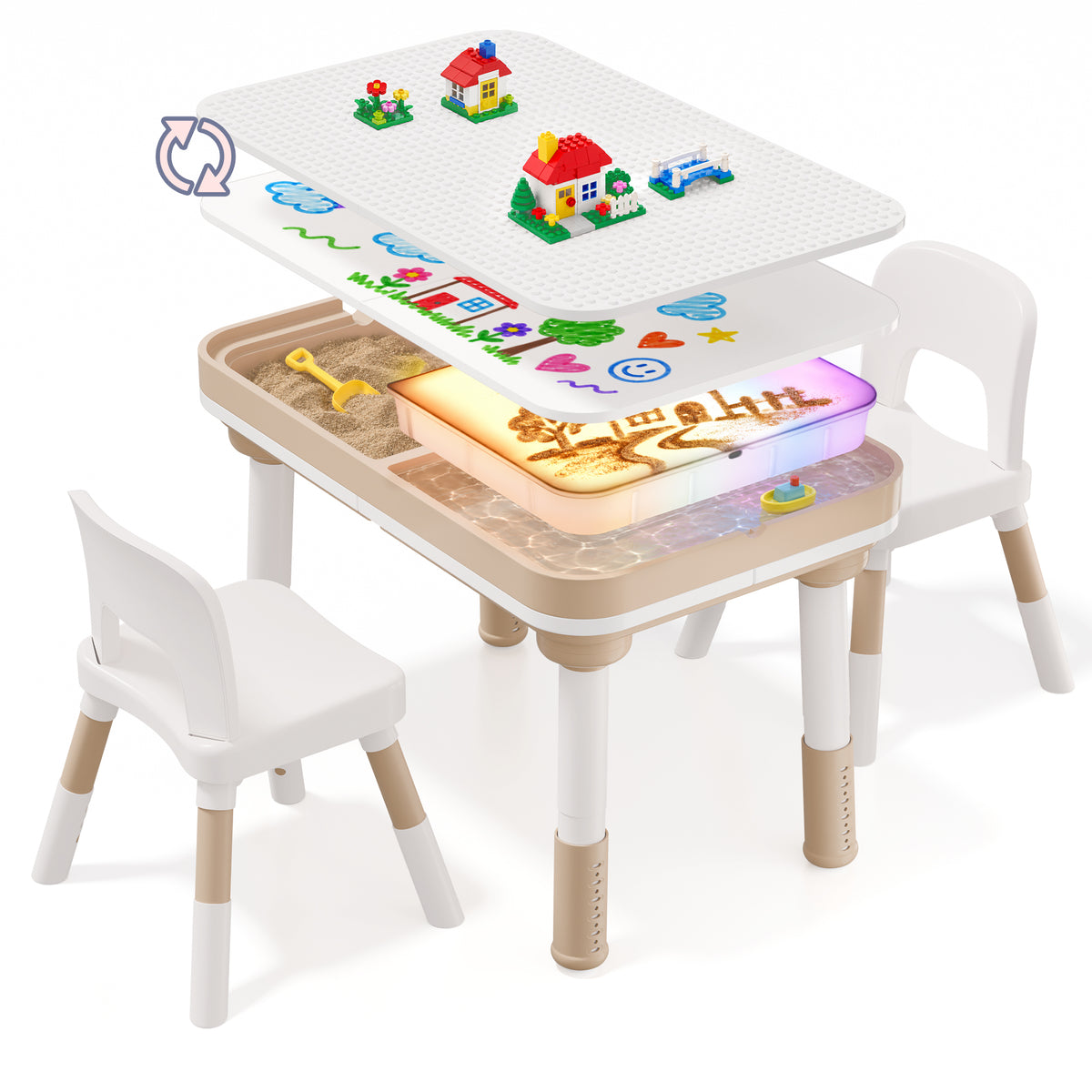 Xilingol 5-in-1 Kids Table and Chairs Set, Sand Painting Box for Toddlers