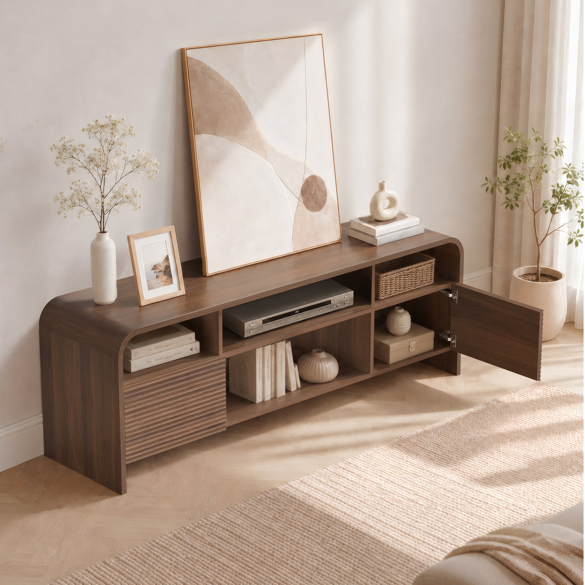 Xilingol 59" Fluted TV Stand, Modern Media Console for TVs up to 65", Dark Walnut