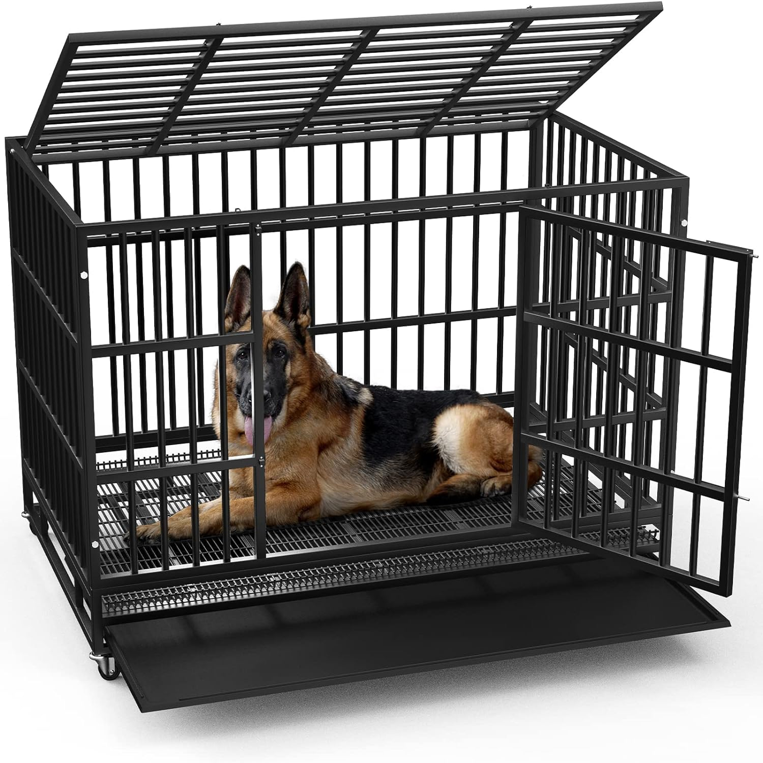 48/38 Inch Heavy Duty Indestructible Dog Crate, Escape Proof Dog Cage Kennel with Lockable Wheels,High Anxiety Double Door,Extra Large Crate Indoor for Large Dog with Removable Tray