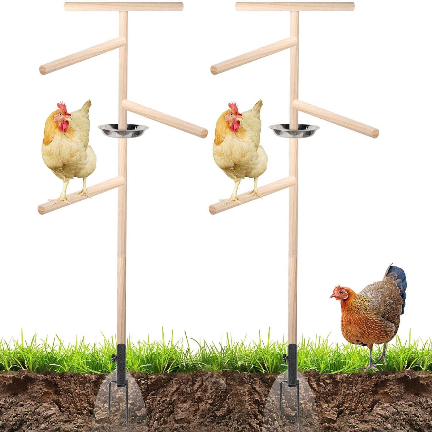 2 PC Chicken Perch Toy with Feeder Bowl for Coop (57"H), 9Parts 3 Minutes Installation, Wooden Chicken Roost 33Mm Diameter Stand with Metal Ground Plug, Chicken Coop Accessories, Chicken Roosting Bars