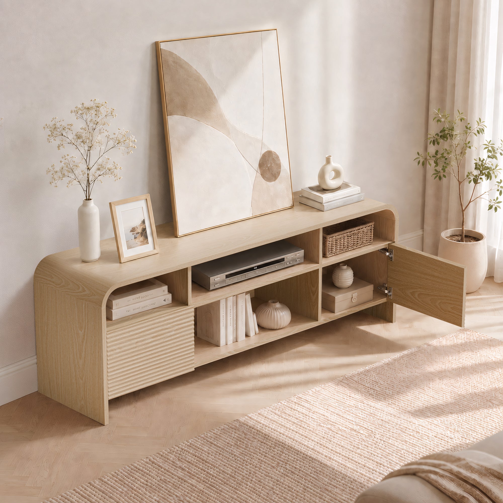 Xilingol 59" Fluted TV Stand, Modern Media Console for TVs up to 65", Natural Oak