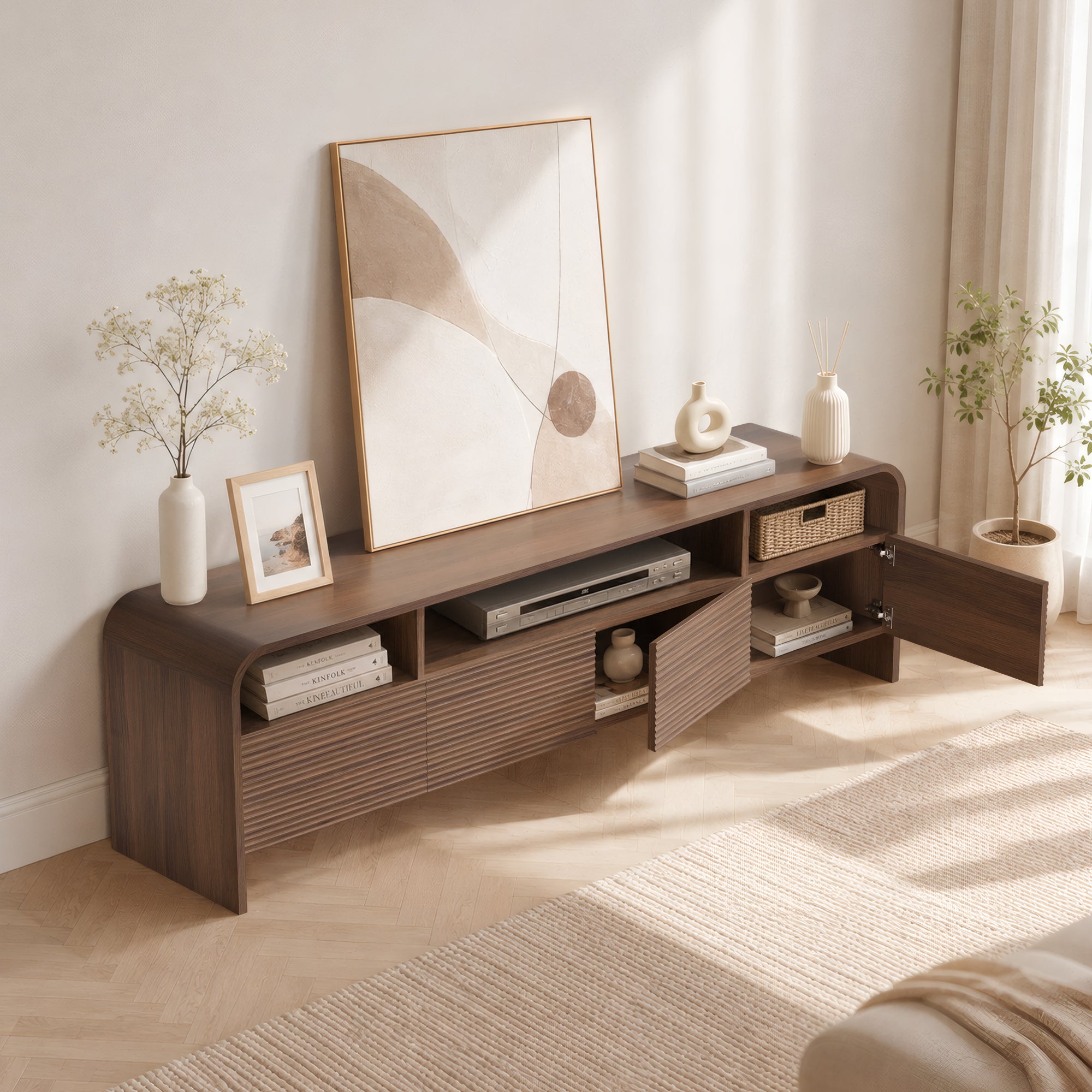 Xilingol 70" Fluted TV Stand, Modern Media Console for TVs up to 80", Dark Walnut