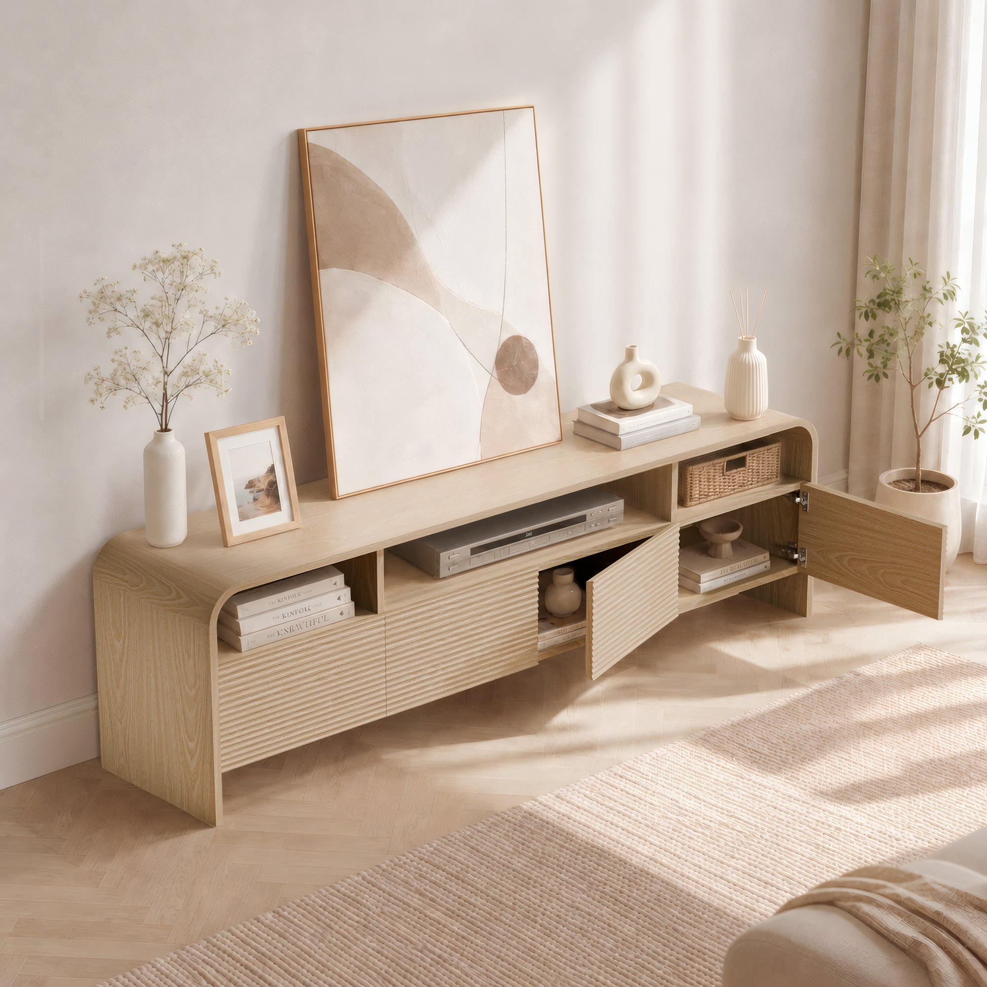 Xilingol 70" Fluted TV Stand, Modern Media Console for TVs up to 80", Natural Oak
