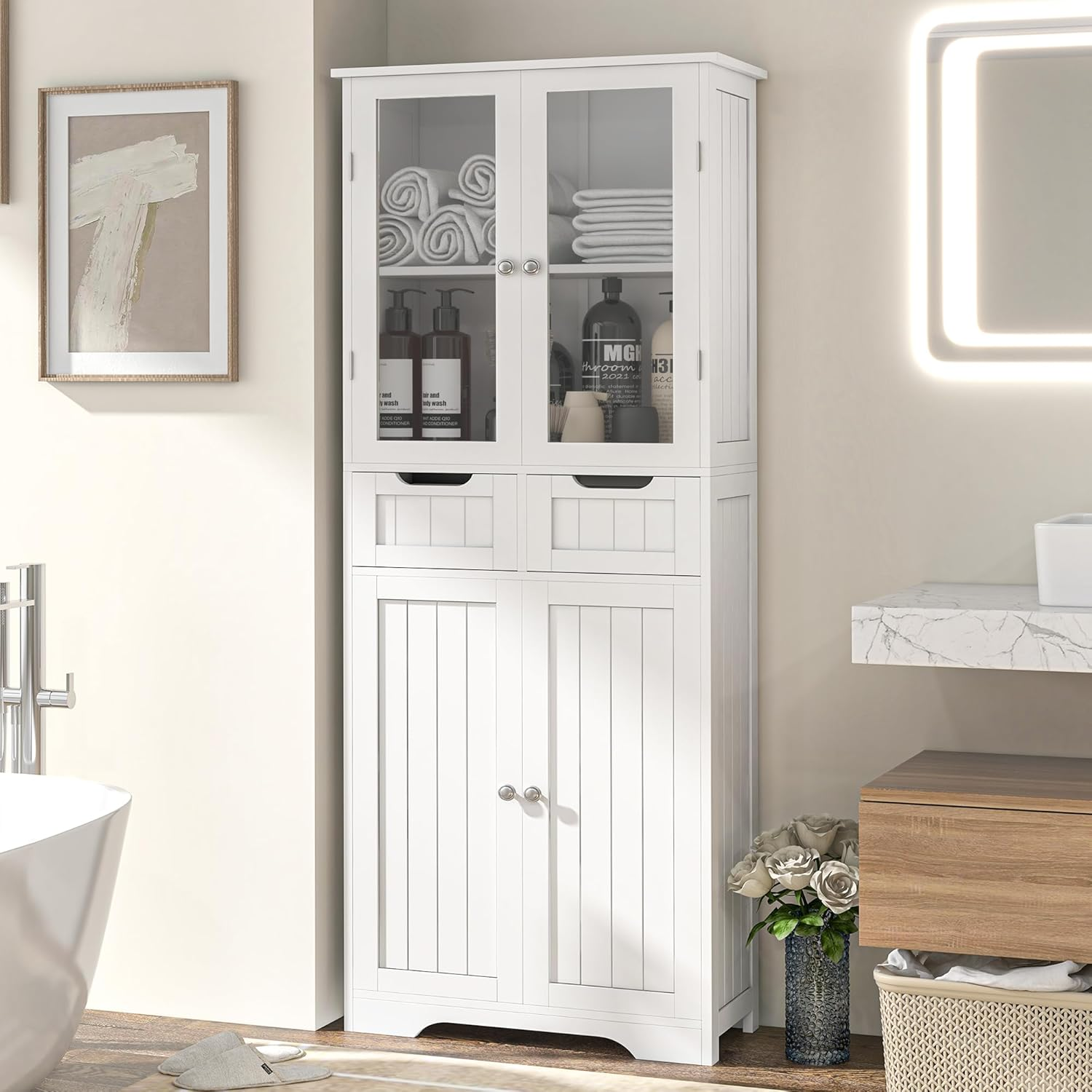 Betterhood 67" Tall Bathroom Storage Cabinet, Freestanding Linen Cabinet with Glass Doors and Shelves, Large Bathroom Pantry Cabinet with 2 Drawers for Living Room, Kitchen, Dining Room, Office, White