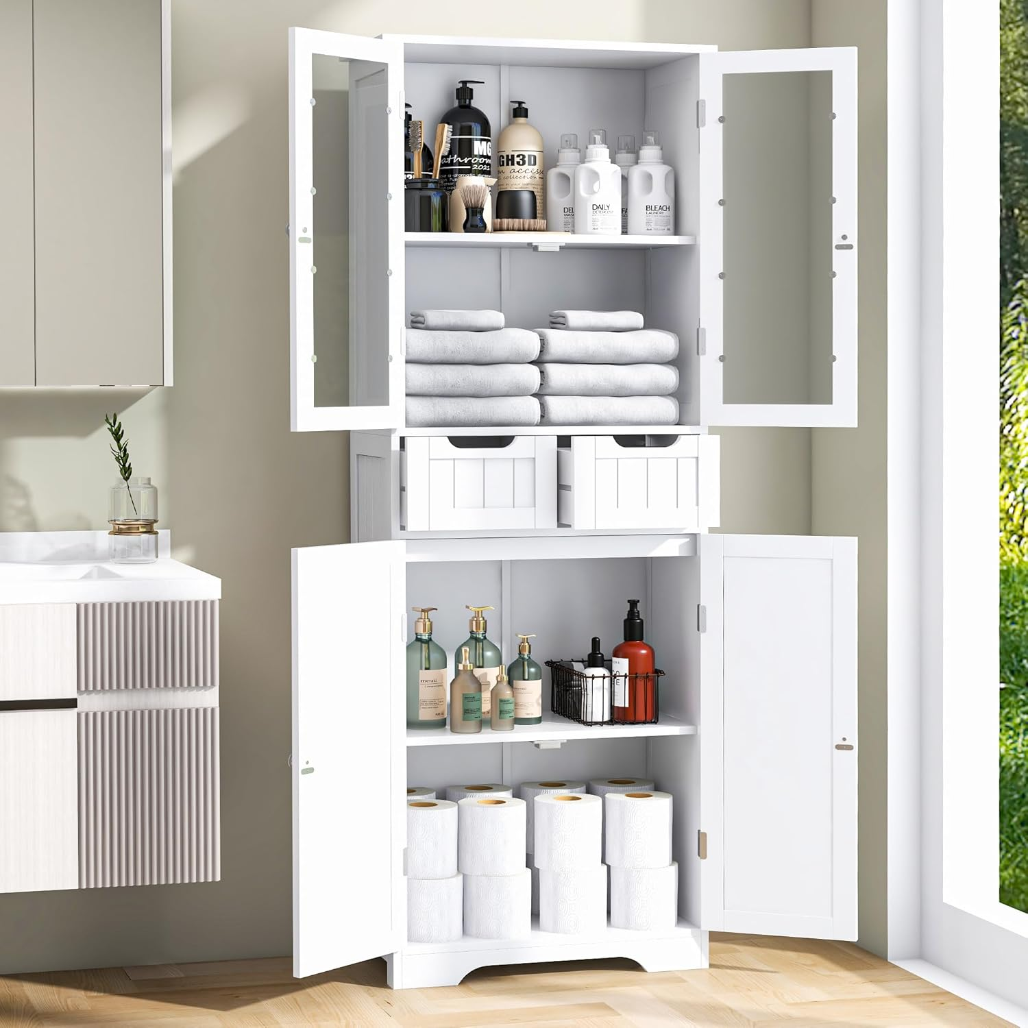 Betterhood 67" Tall Bathroom Storage Cabinet, Freestanding Linen Cabinet with Glass Doors and Shelves, Large Bathroom Pantry Cabinet with 2 Drawers for Living Room, Kitchen, Dining Room, Office, White