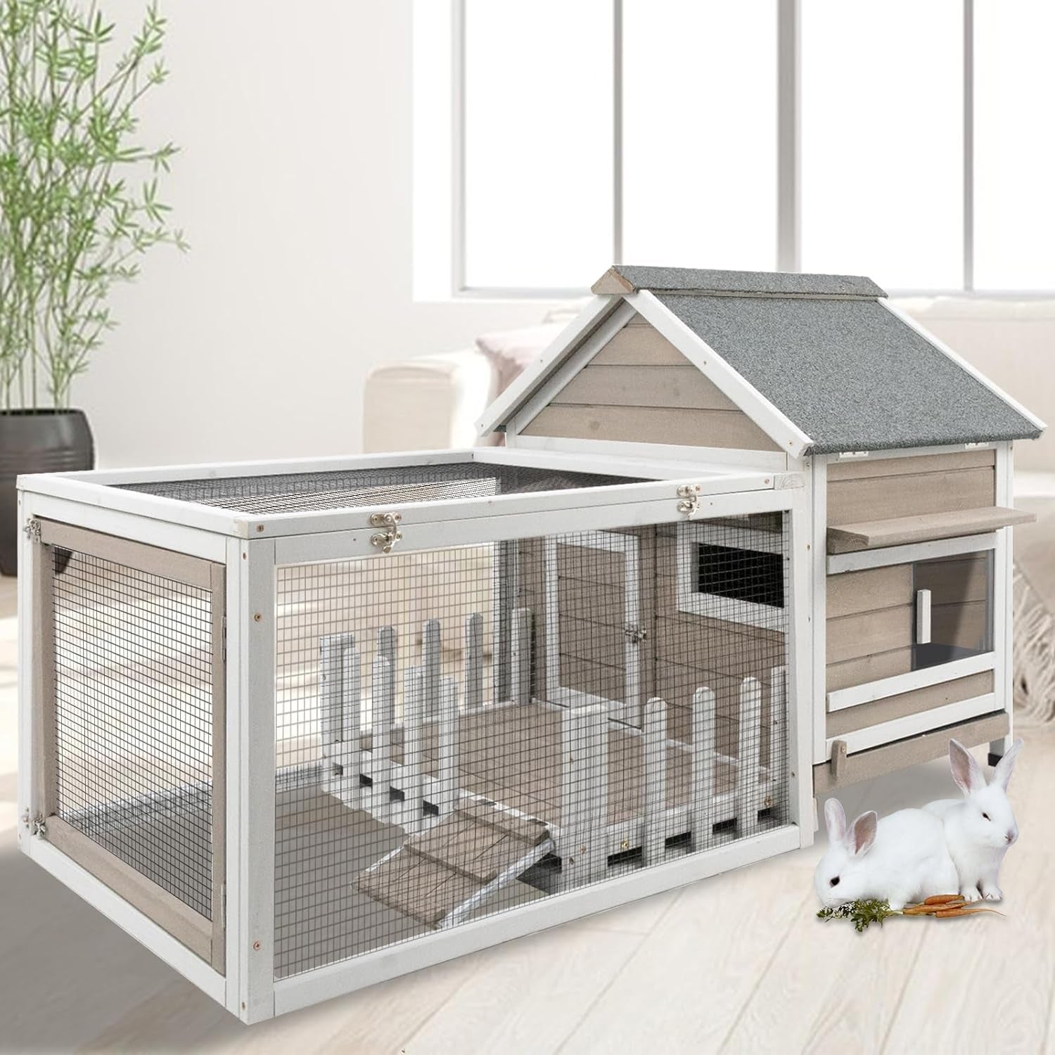 Outdoor Large Wooden Rabbit Hutch with White Picket Fence Front Porch Rabbit Cage with Run Indoor Bunny Hutch Guinea Pig Pet House Bunny Cage with Ramp, Pull Out Tray, Openable Asphalt Roof