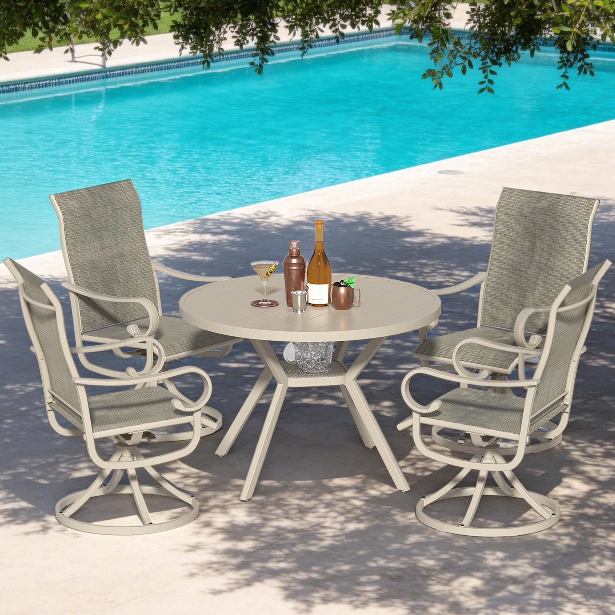 Zidtia 5 Piece Patio Dining Set for 4, 42” Round Metal Table with Umbrella Hole & 4 Swivel Chairs, All Weather Outdoor Patio Furniture Set