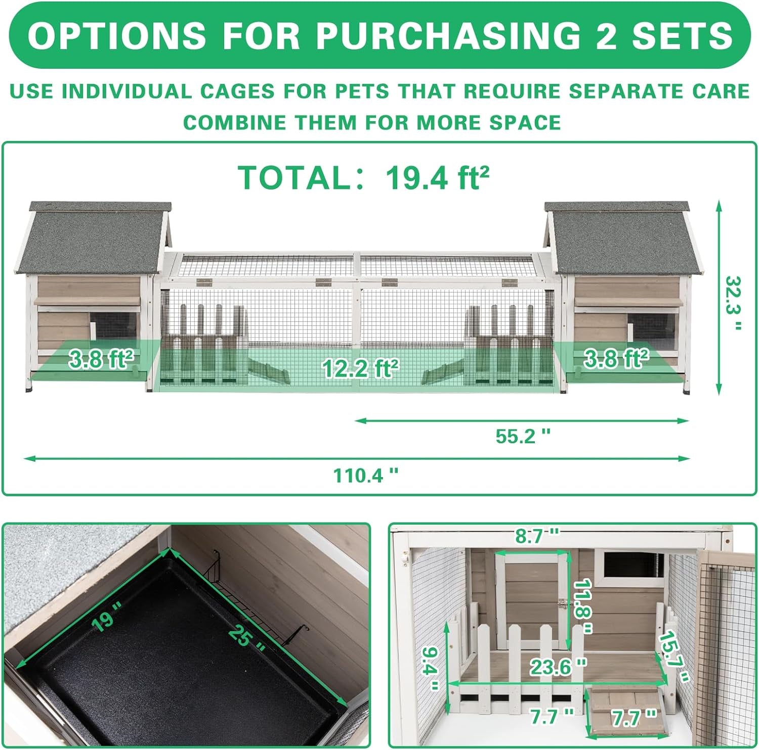 Outdoor Large Wooden Rabbit Hutch with White Picket Fence Front Porch Rabbit Cage with Run Indoor Bunny Hutch Guinea Pig Pet House Bunny Cage with Ramp, Pull Out Tray, Openable Asphalt Roof