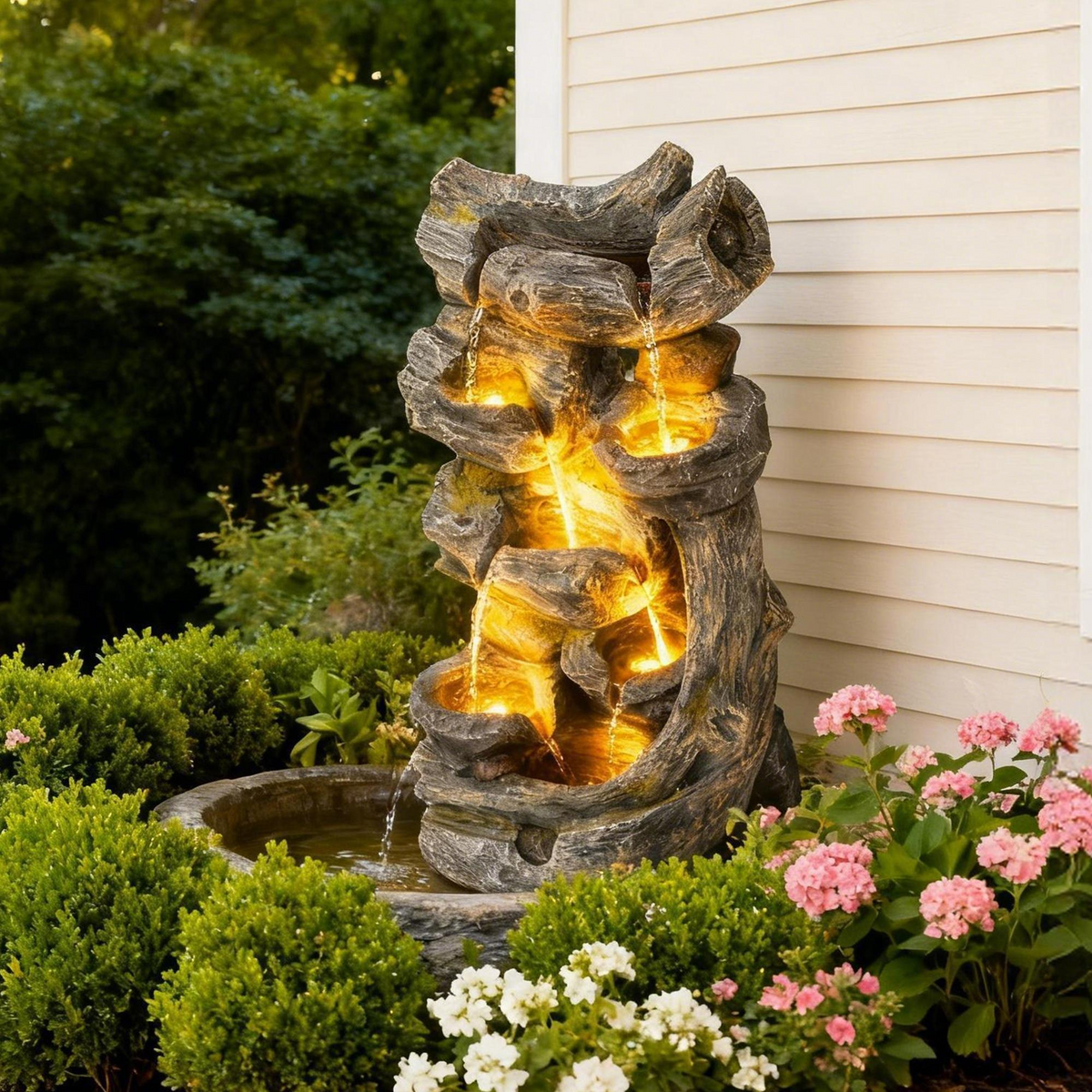 7-Tier Moss Wood-Look Garden Fountain - LED-Lit Freestanding Cascading Outdoor Decor, 23.6"/37.2" H for Patio Yard Gardenfountain