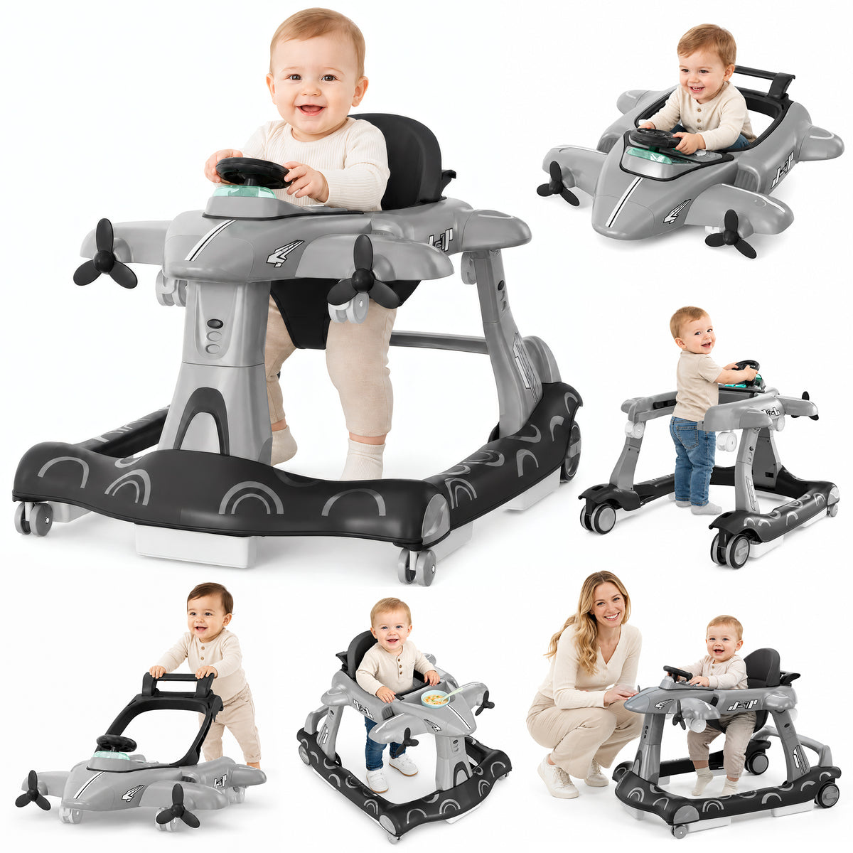 Xilingol 6-in-1 Baby Walker with Wheels, Airplane Foldable Activity Walker w/Adjustable Height & Speed, Music, Lights, Padded Seat, Walker for Baby Boys Girls 6-18 Months, Toddler Infant (Grey)