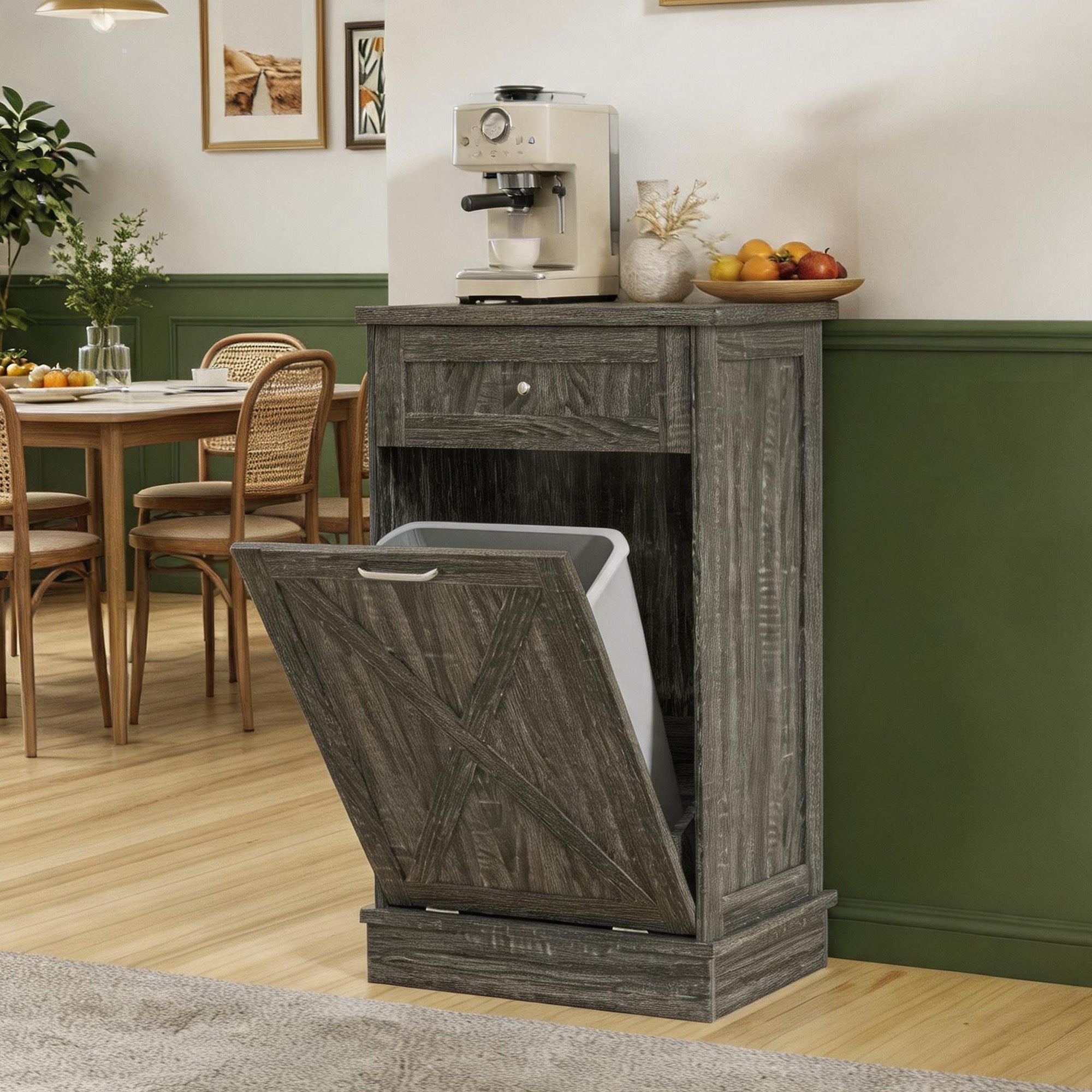 Betterhood Tilt Out Trash Cabinet 10 Gallon Wooden Free Standing Laundry Sorter Cabine,Recycling Cabine with Hideaway Drawer,Tilt Out Trash Cabinet Can Bin Kitchen (Gray)
