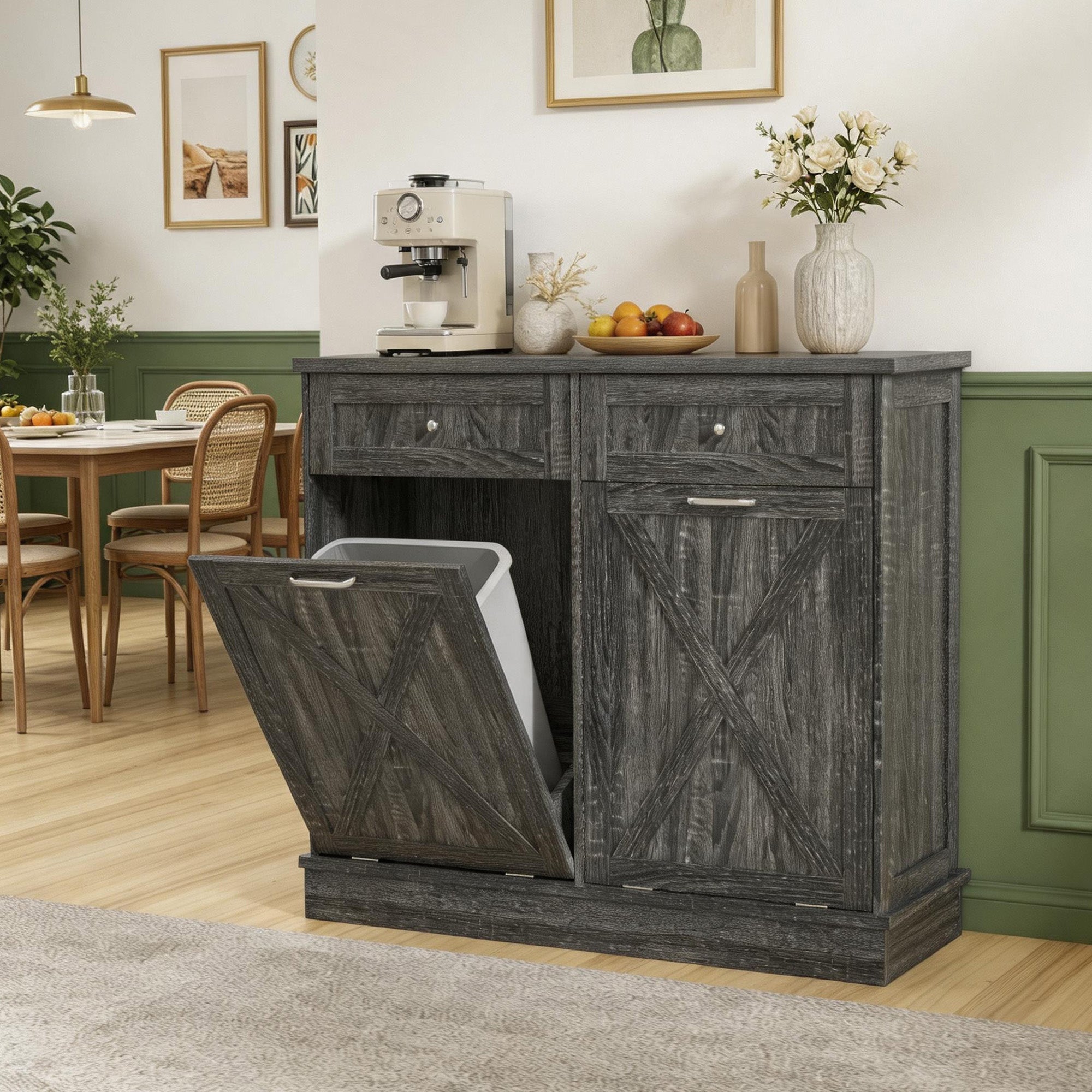 Betterhood Double Tilt Out Trash Cabinet 20 Gallon Wooden Free Standing Laundry Sorter Cabinet,Recycling Cabine with Hideaway Drawer,Tilt Out Trash Cabine Can Bin Kitchen (Gray)