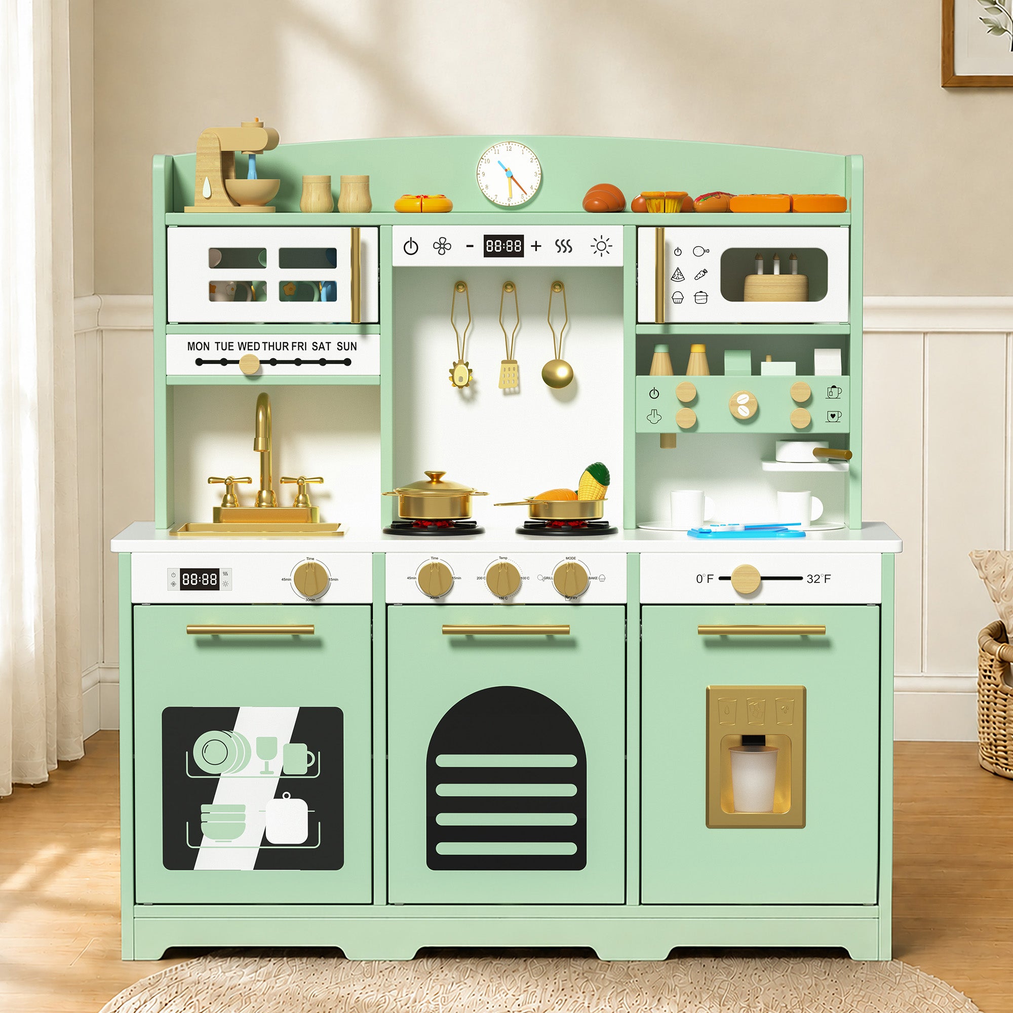 Xilingol Kids Kitchen Playset, Wooden Play Kitchen with 24 Accessories, Mint Green