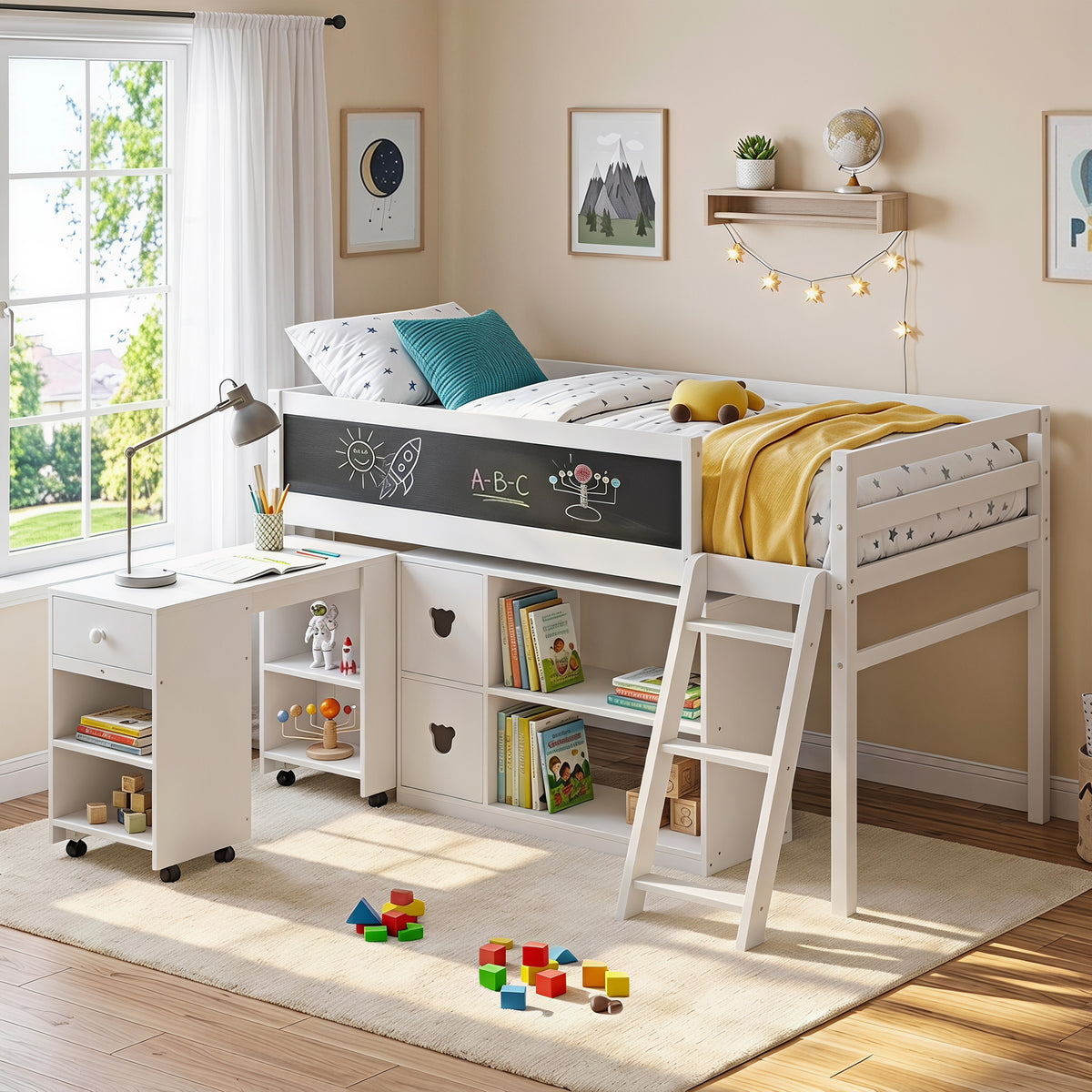 TOLEAD Low Loft Bed with Desk, Twin Size Solid Wood Bed Frame w/ Storage Bookshelf & Blackboard, Full Guardrail, Ladder, No Box Spring Needed for Kids Teen, Easy Assembly (White)