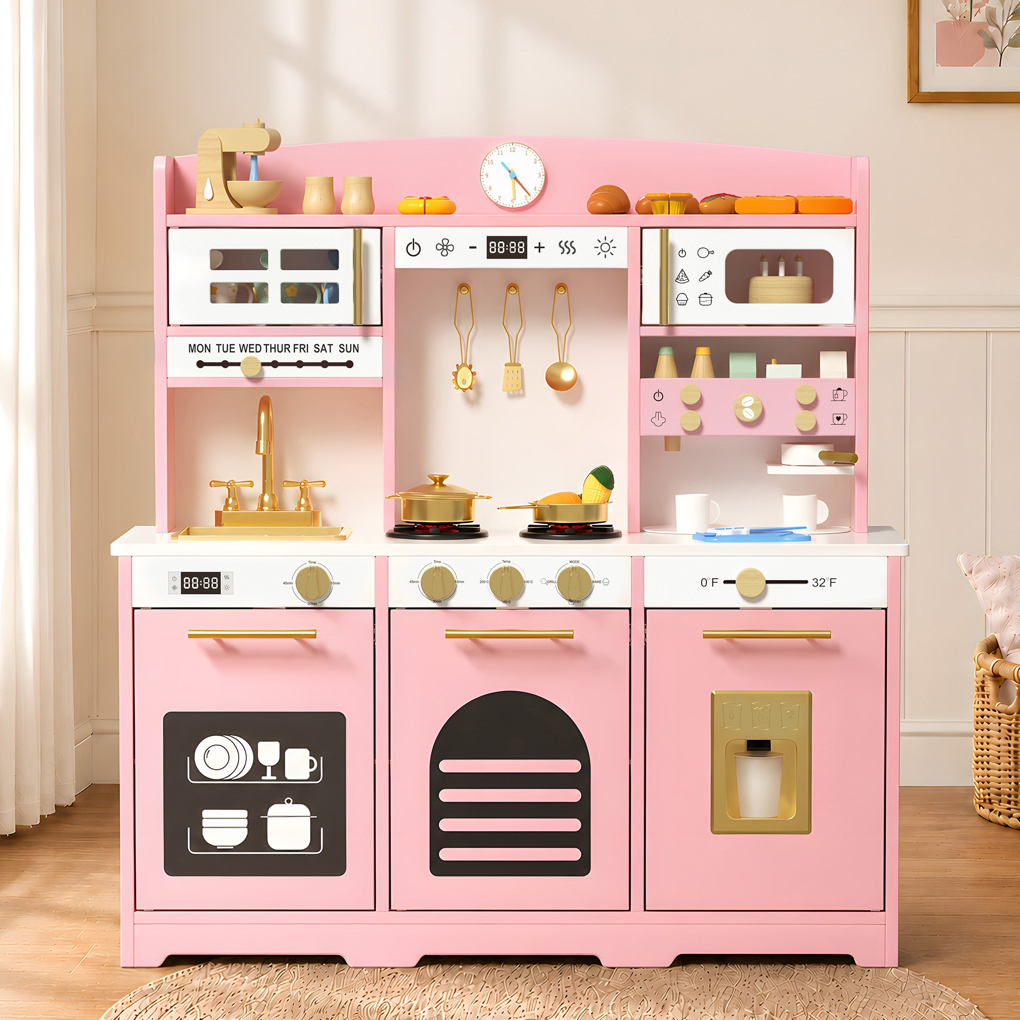 Xilingol Kids Kitchen Playset, Wooden Play Kitchen with 24 Accessories, Pink