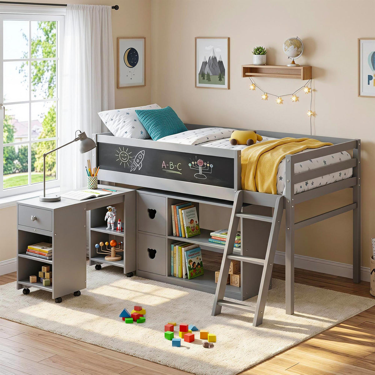 TOLEAD Low Loft Bed with Desk, Twin Size Solid Wood Bed Frame w/ Storage Bookshelf & Blackboard, Full Guardrail, Ladder, No Box Spring Needed for Kids Teen, Easy Assembly (Grey)