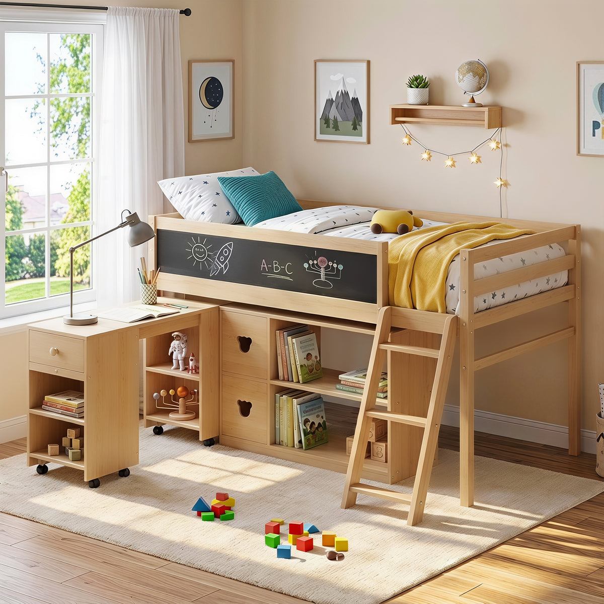 TOLEAD Low Loft Bed with Desk, Twin Size Solid Wood Bed Frame w/ Storage Bookshelf & Blackboard, Full Guardrail, Ladder, No Box Spring Needed for Kids Teen, Easy Assembly (Natural)