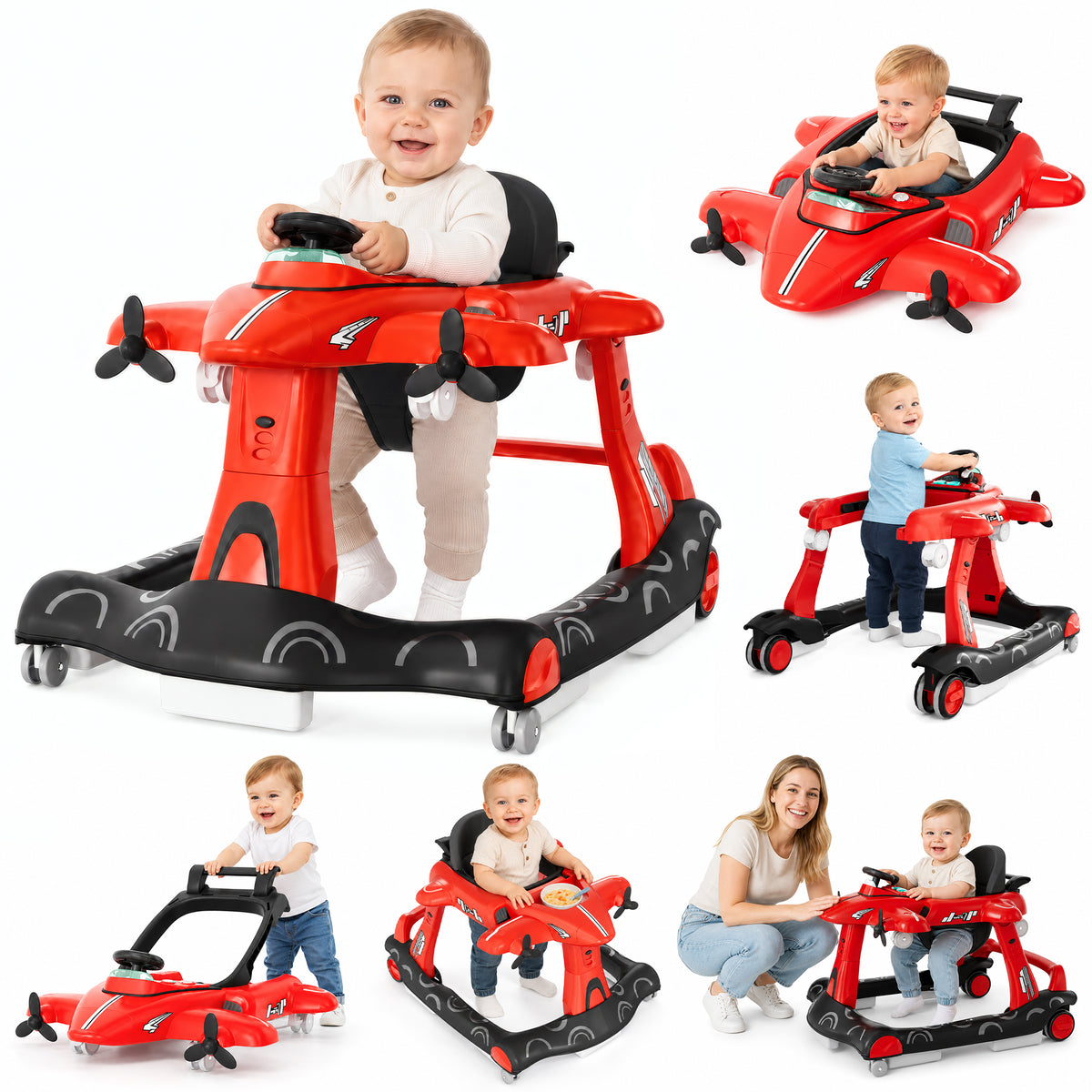 Xilingol 6-in-1 Baby Walker with Wheels, Airplane Foldable Activity Walker w/Adjustable Height & Speed, Music, Lights, Padded Seat, Walker for Baby Boys Girls 6-18 Months, Toddler Infant (Red)