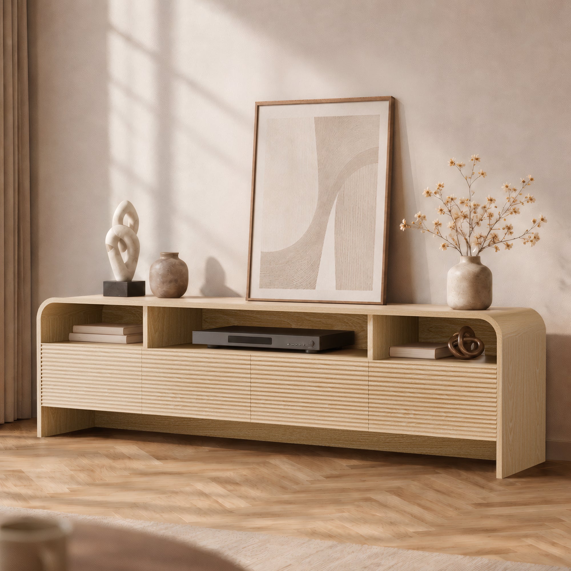Xilingol 70" Fluted TV Stand, Modern Media Console for TVs up to 80", Natural Oak