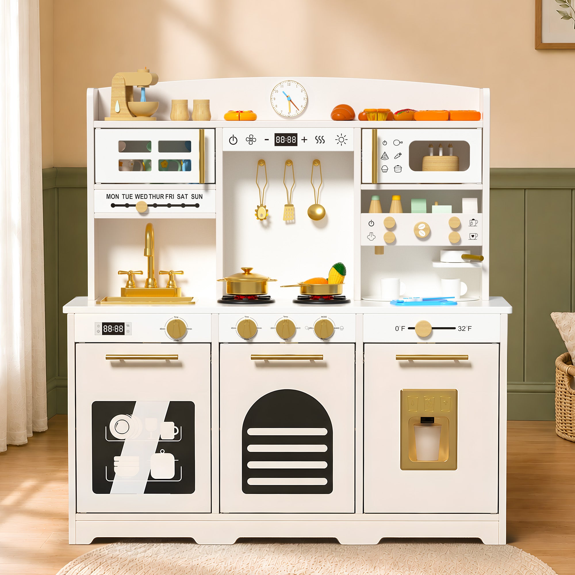 Xilingol Kids Kitchen Playset, Wooden Play Kitchen with 24 Accessories, Cream White