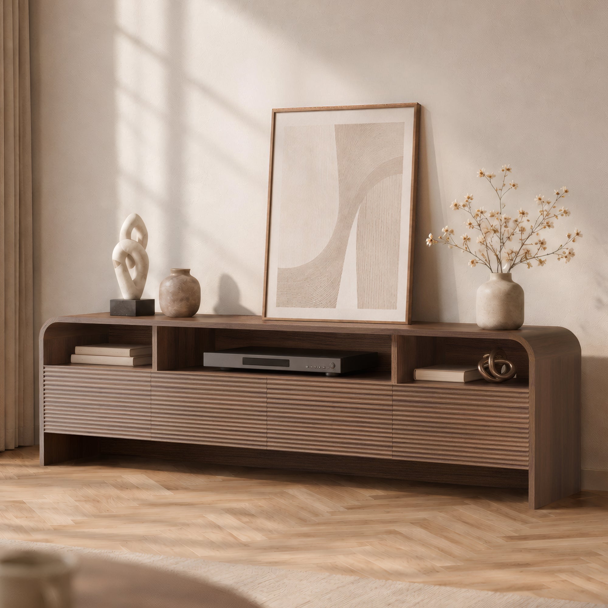 Xilingol 70" Fluted TV Stand, Modern Media Console for TVs up to 80", Dark Walnut