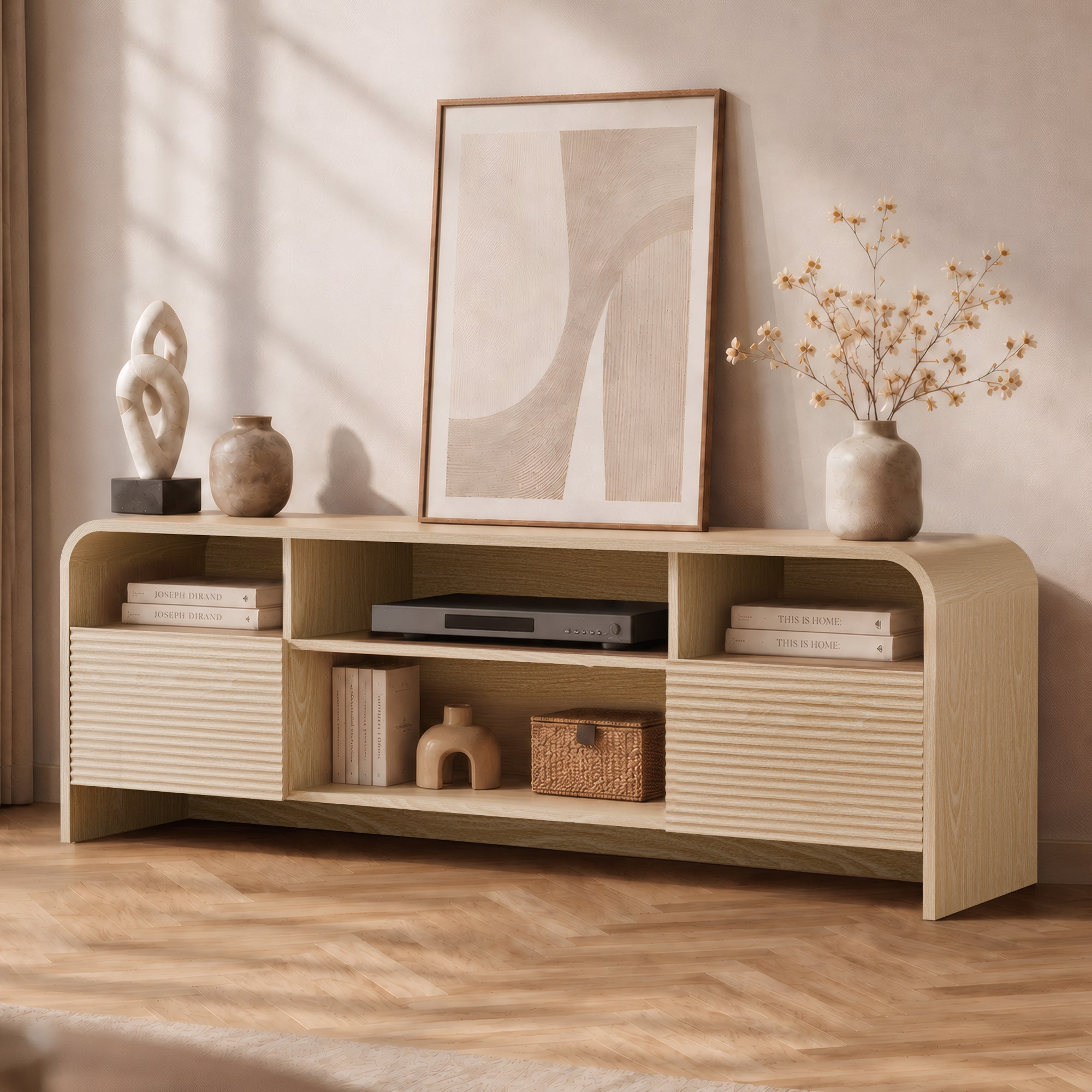 Xilingol 59" Fluted TV Stand, Modern Media Console for TVs up to 65", Natural Oak