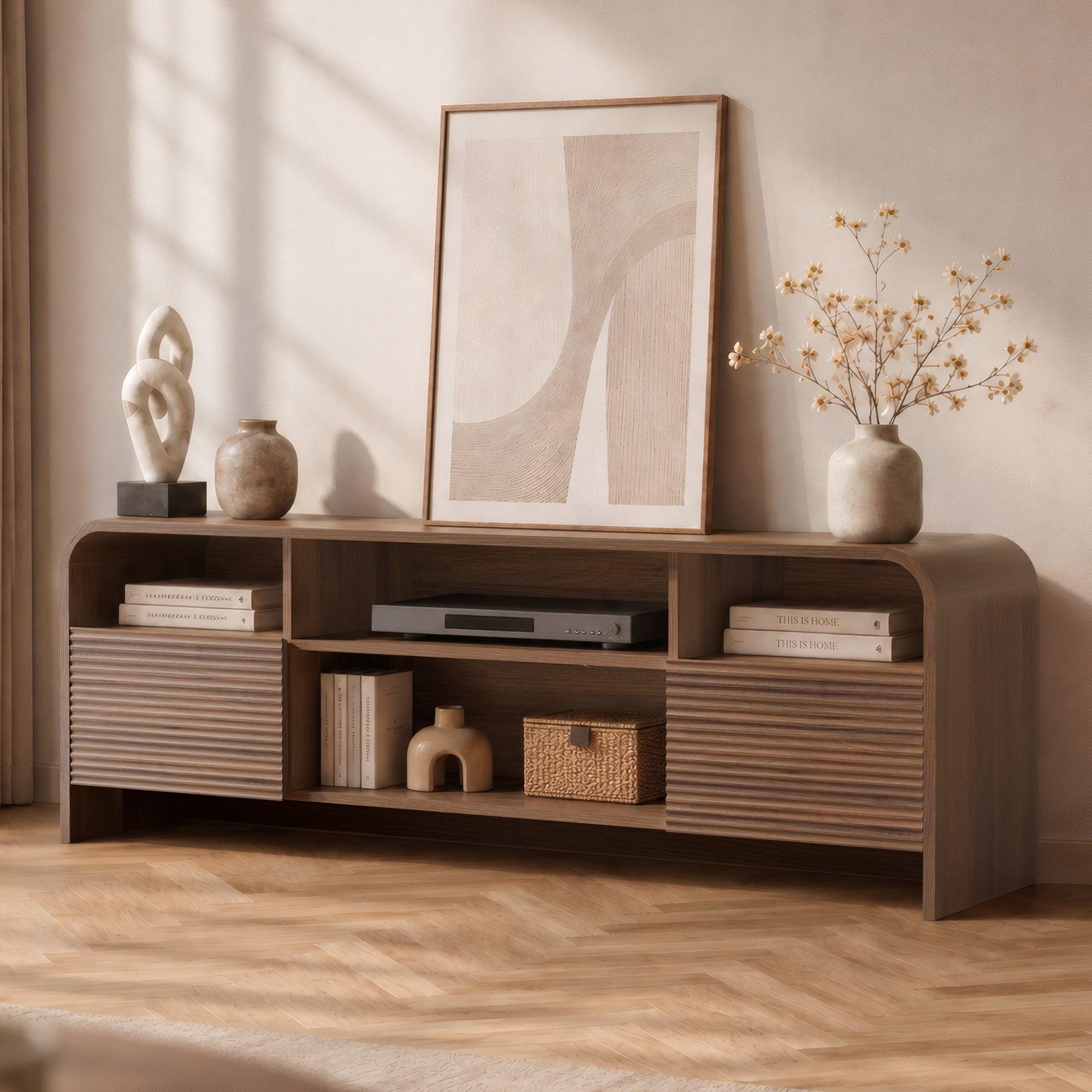 Xilingol 59" Fluted TV Stand, Modern Media Console for TVs up to 65", Dark Walnut