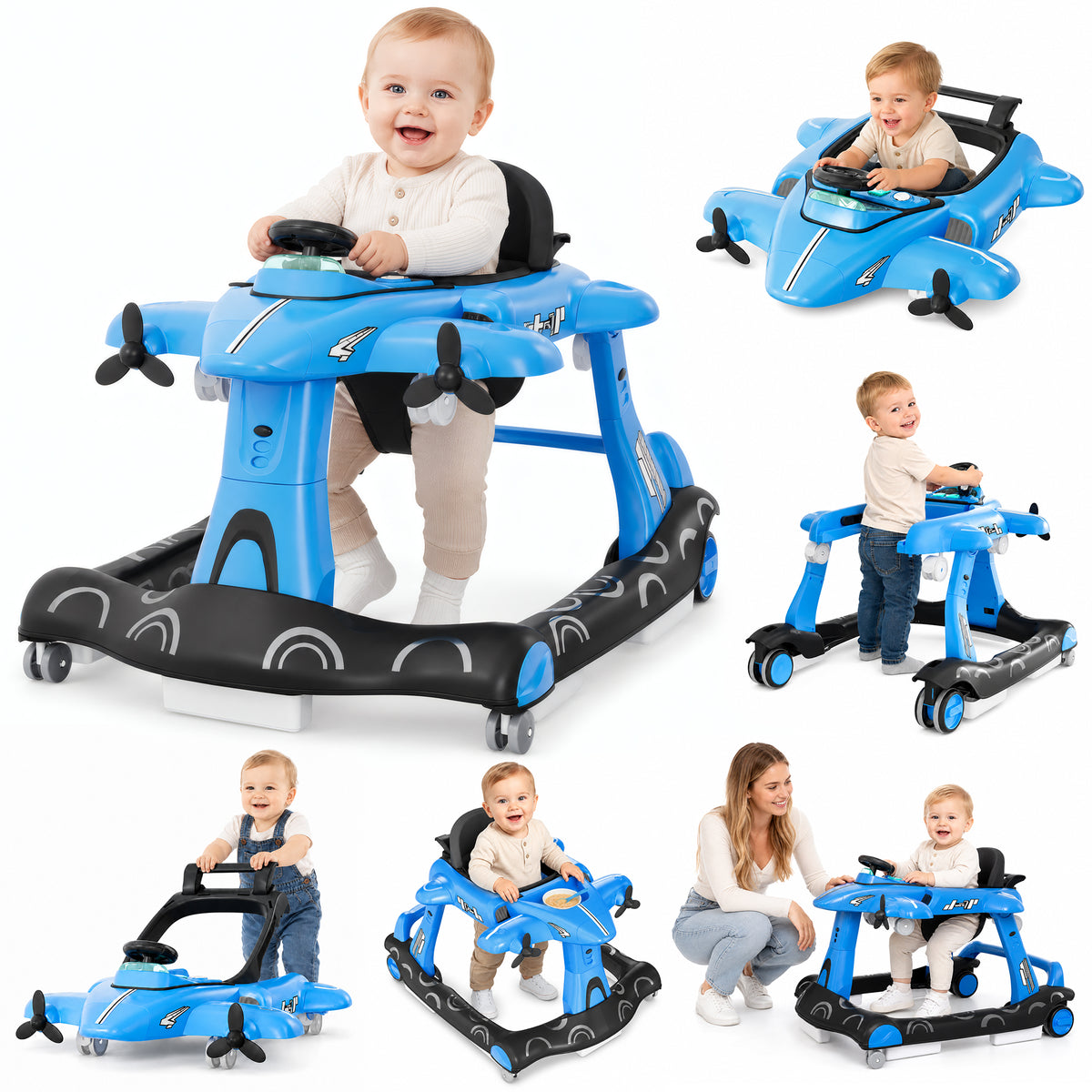 Xilingol 6-in-1 Baby Walker with Wheels, Airplane Foldable Activity Walker w/Adjustable Height & Speed, Music, Lights, Padded Seat, Walker for Baby Boys Girls 6-18 Months, Toddler Infant (Blue)