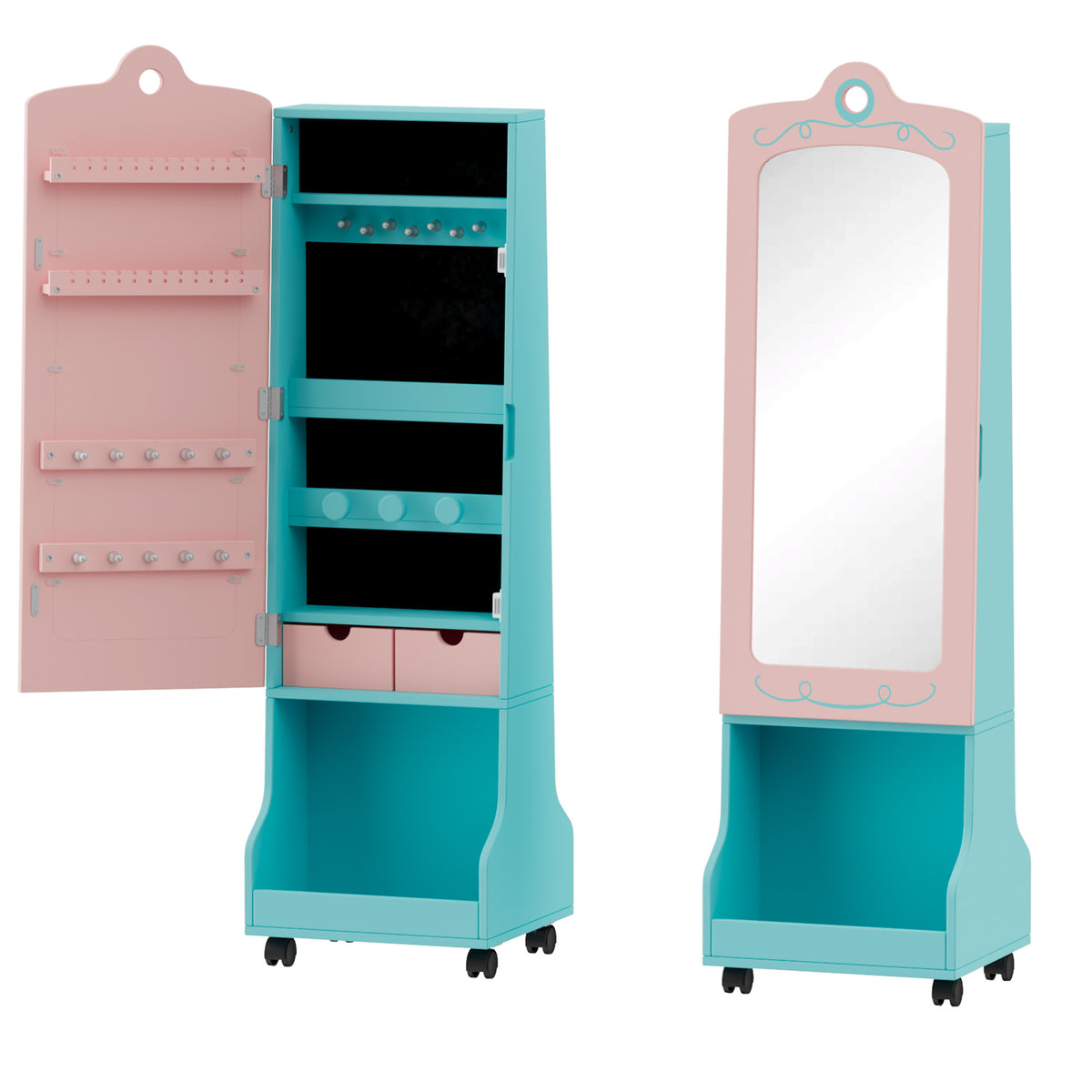 Xilingol Kids Freestanding Jewelry Cabinet with Full-Length Mirror, Princess Pink & White Wooden Jewelry Armoire Organizer on Wheels, Girls Standing Mirror with Bottom Storage Bin & Drawers for Bedroom Teal and Pink